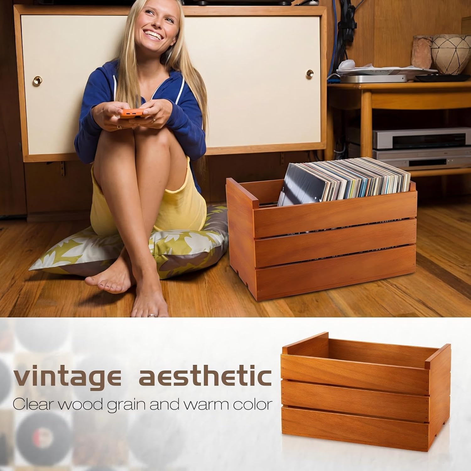 Sintuff 2 Pcs Wooden Vinyl Record Storage Crate for 7 in Albums 45 RPM, Rustic Farmhouse Box Organizer Decorative Holder for Books, Toys, Magazines, Collector's Singles, Home Display Brown