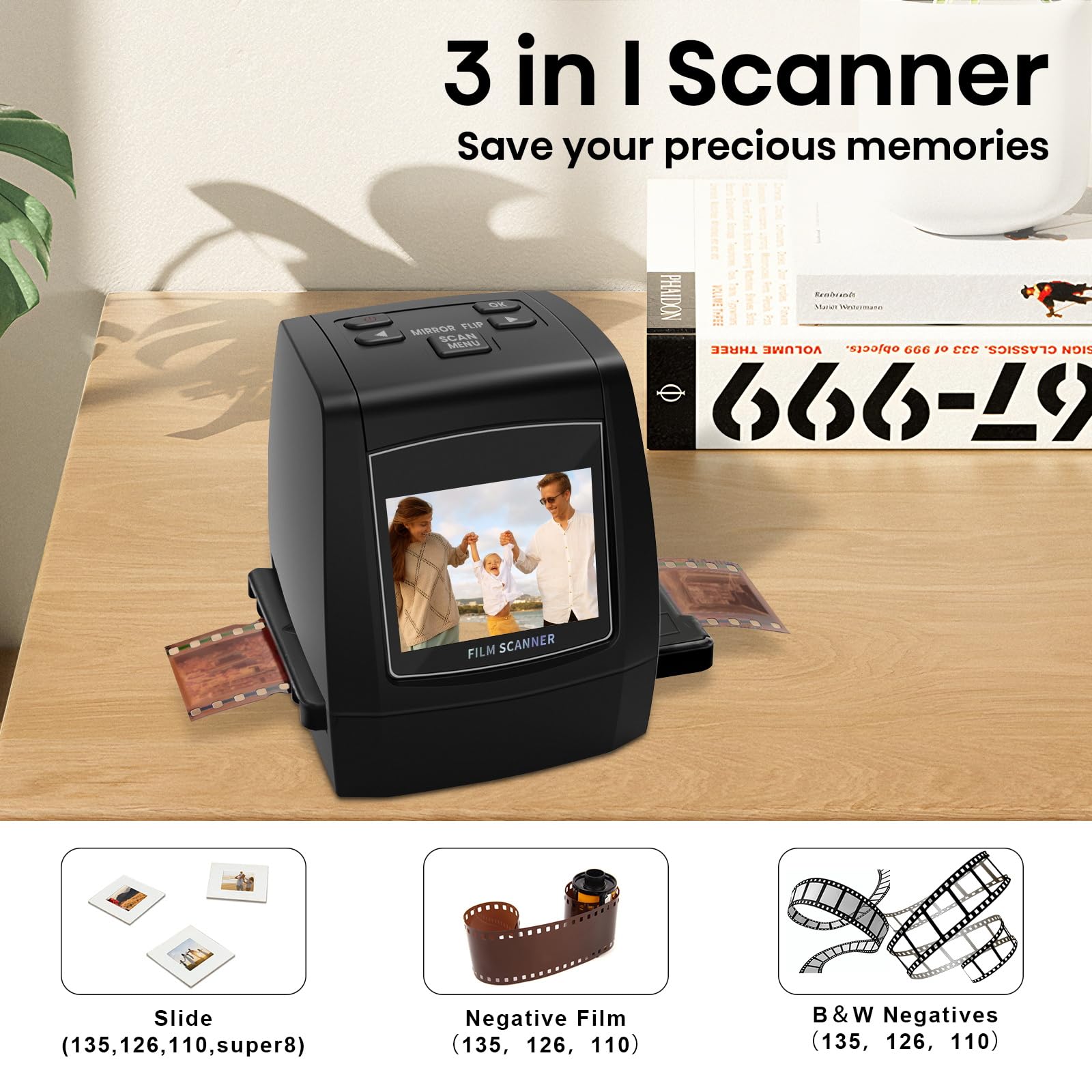 Escáner digital de diapositivas, escáner de diapositivas independiente y escáner negativo Convierte negativos y diapositivas de película de 35 mm, 126, 110, Super 8 y 8 mm en imágenes JPEG, pantalla