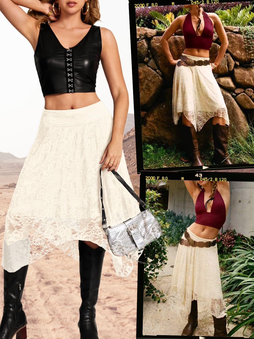 EHSUYAB Women's Lace Midi Skirt, Lining Layer Flowy Goth Renaissance Skirts, Country Concert Outfits Steampunk Music Festival - Image 3