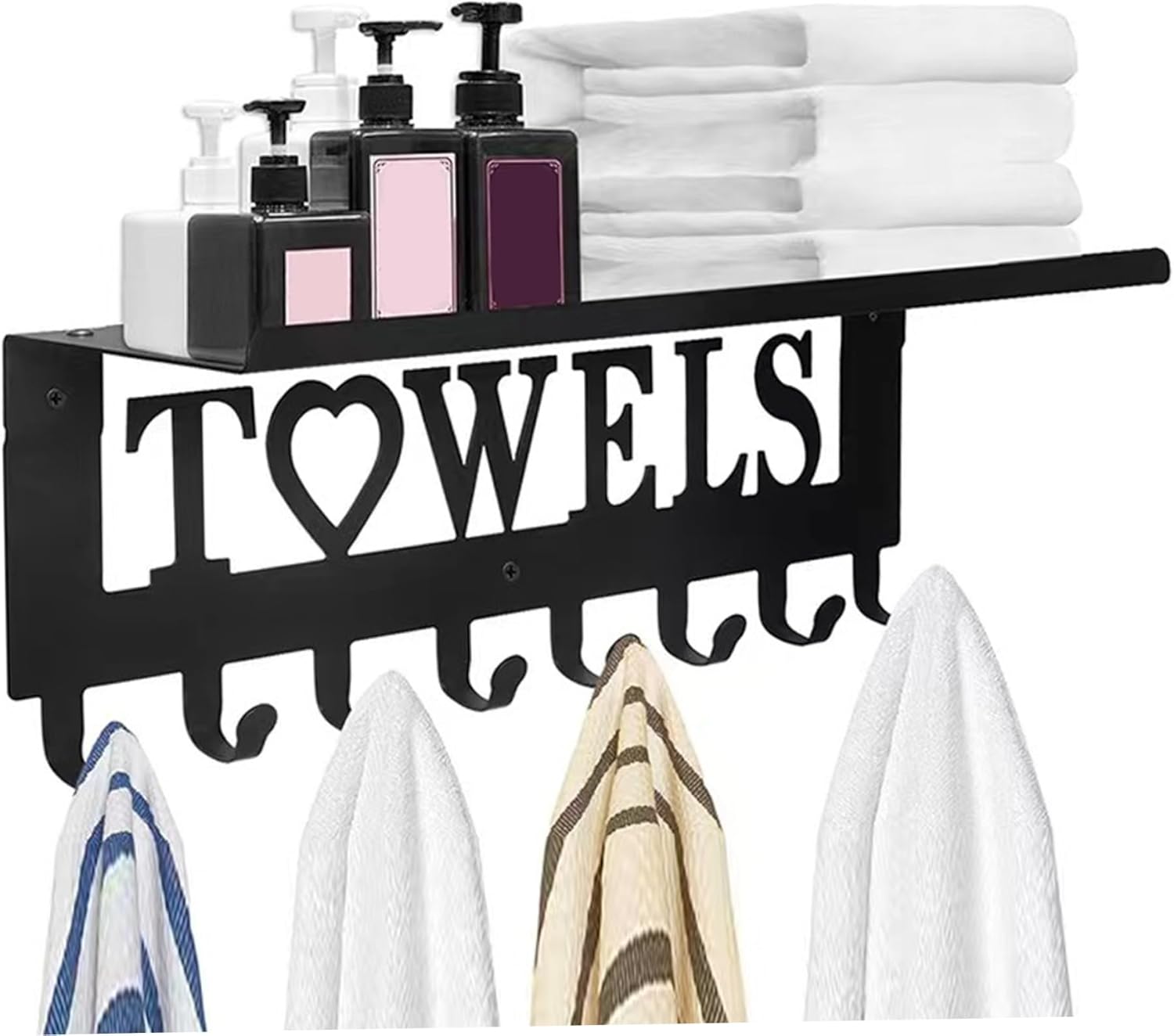 Towel Racks for Bathroom, Wall Mounted Towel Holder with 8 Hooks ＆ Shelf, Rustproof Metal Towel Shelf, Over the Door Hooks for Pool, Hot Tub, Bedroom, Kithcen Pool Towel Holder Hot Tub Towel Rack to