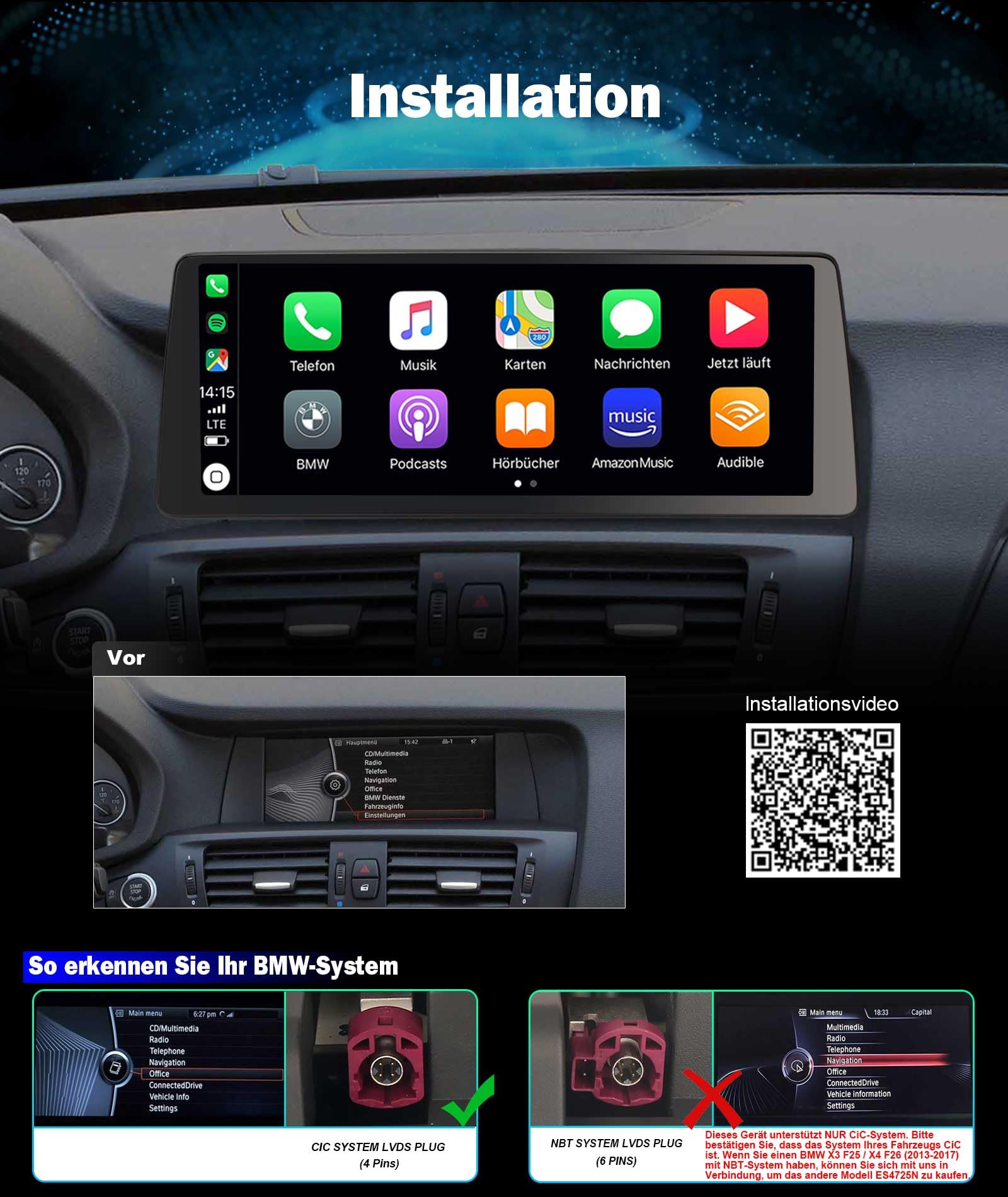 12,3" IPS Touchscreen Android 16 Snapdragon 8 Core 8GB+128GB DAB+ Autoradio per BMW X3 F25 2011-2012 CiC GPS Navigatore senza fili CarPlay Android Auto WiFi 4G Bluetooth 5.1 USB DSP CANbus Idrive OEM
