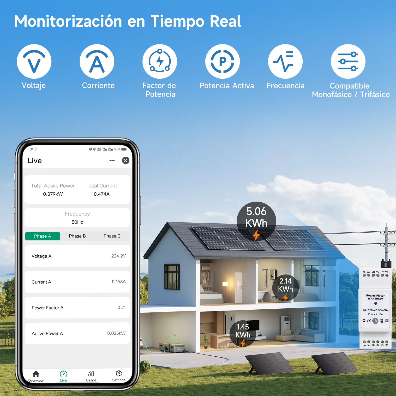 OWON WLAN Smart Medidor de Energía con Relé, Tuya Compatible Contador de Energía para Sistema Mono/Trifásico, 16A de Contacto Seco, Monitorización en Tiempo Real de Voltaje y Potencia, Alexa y Google