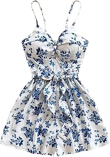 SHENHE Women's Summer Floral Romper Spaghetti Strap Smocked Belted Wide ...