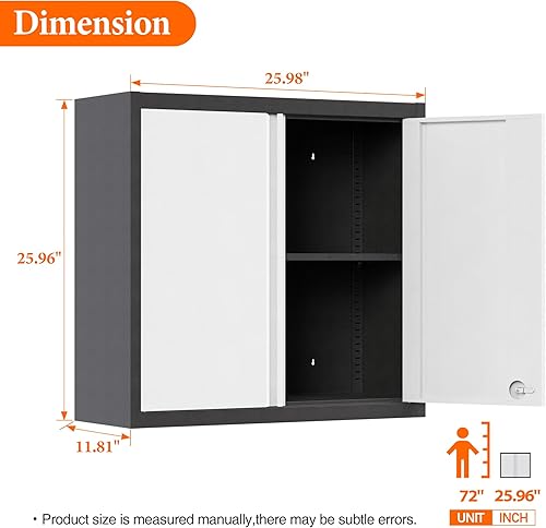 Miniatura 3 de Armario de almacenamiento de pared de metal, armarios de garaje de acero con cerradura con 2 puertas y 1 estante ajustable para oficina en casa,