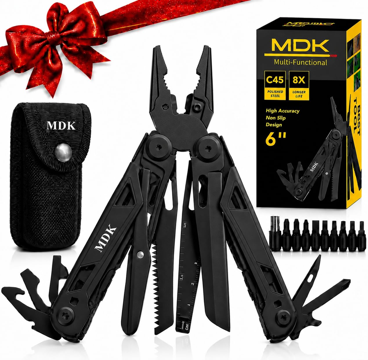 MDK 25-in-1 Stainless Steel Multitool Pliers with EDC Sheath, Black