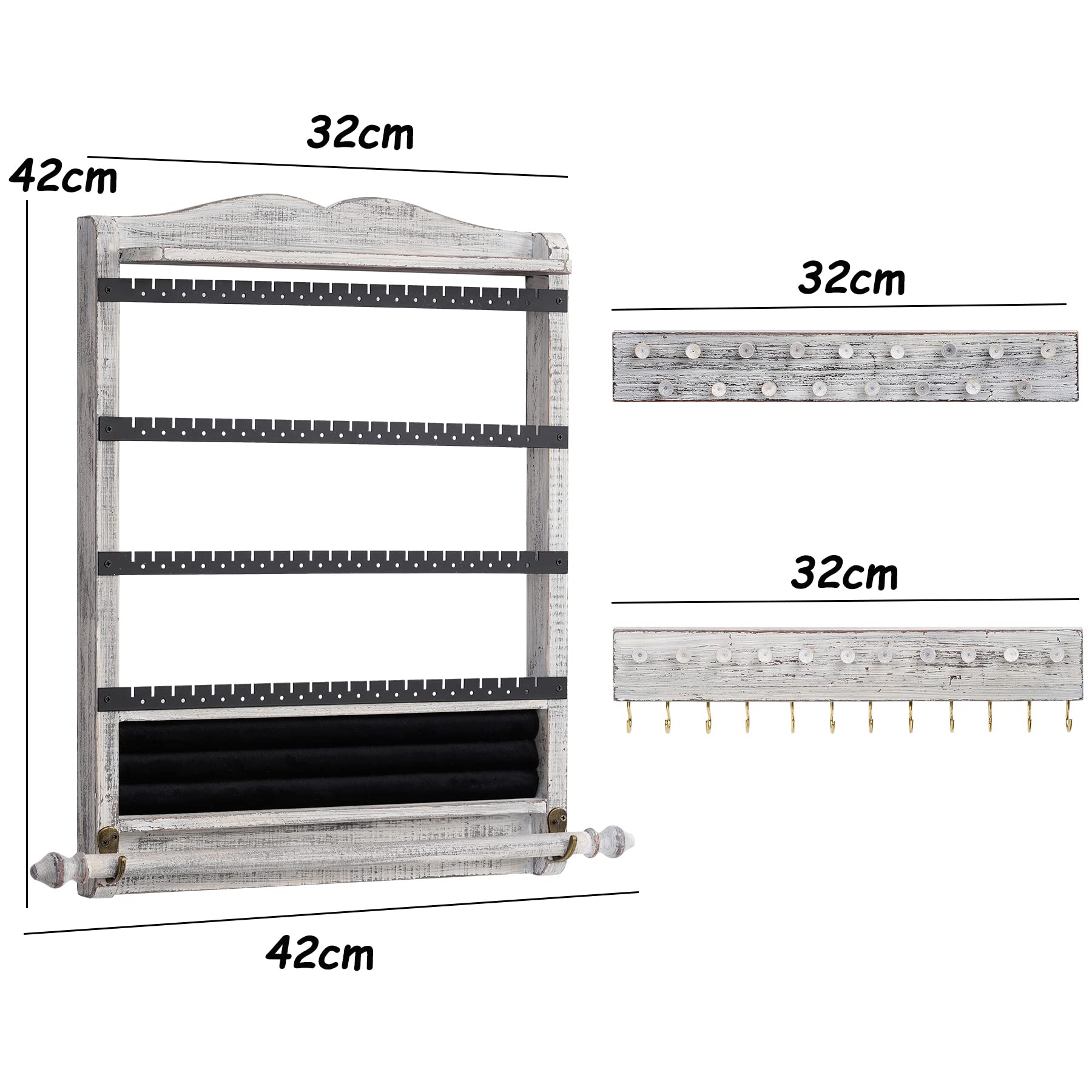 Wand-Schmuck-Organizer, rustikaler Holz-Hänge-Organizer, 3er-Set, große Aufbewahrung für Halsketten, Armbänder, Ohrringe, Weiß | Rustikaler Schmuck-Organizer und Aufbewahrung, Wand-Schmuckaufhänger für Zuhause, Schmuckaufbewahrung