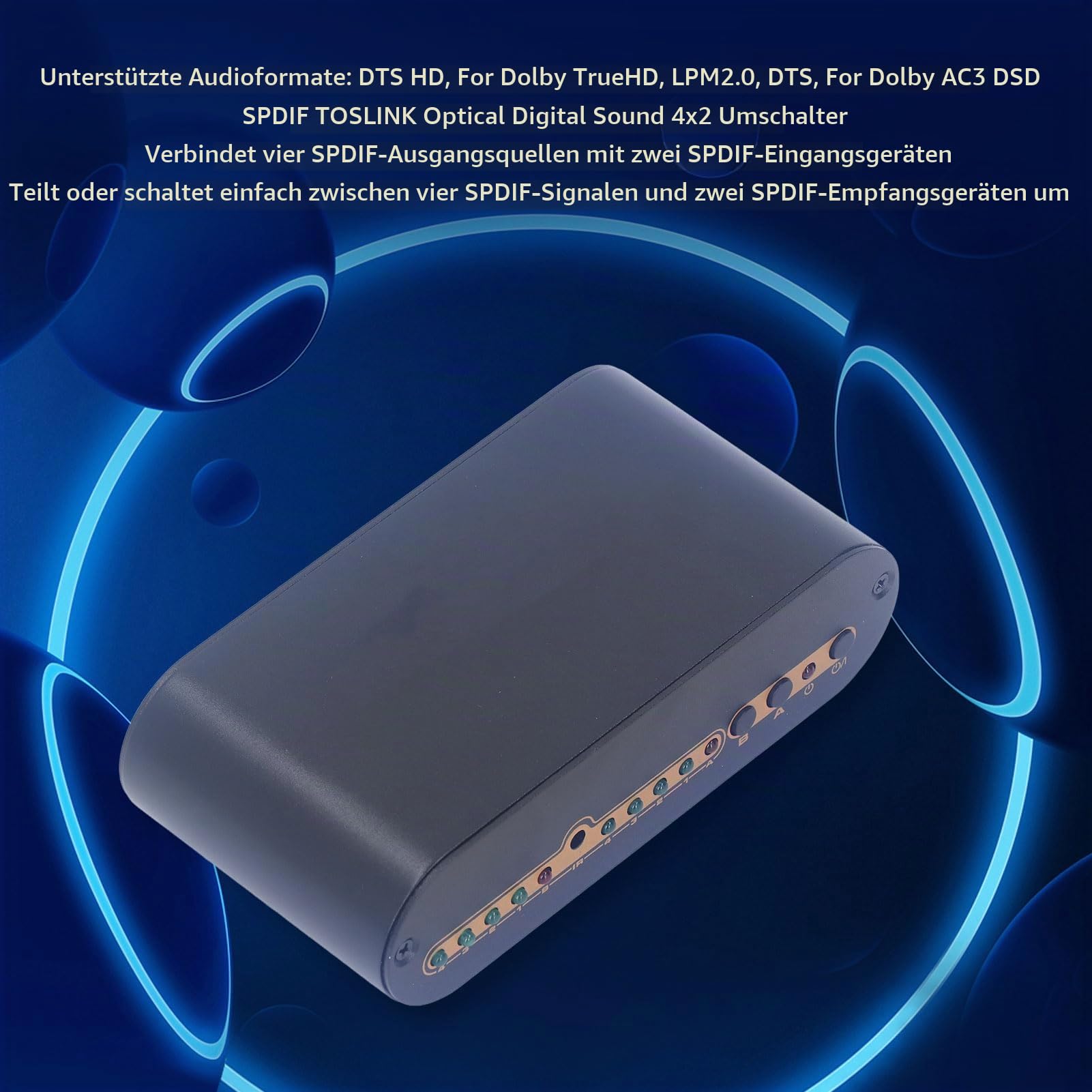 4x2 SPDIF Digital Optical Sound Switcher, 4 in 2 Out SPDIF Sound Splitter mit IR-Fernbedienung, Unterstützung für DTS HD, für Dolby TrueHD, LPCM2.0 (EU-Stecker)