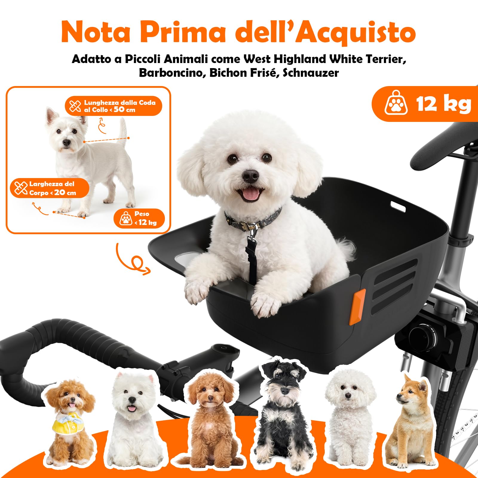 Cestino per Cani per Bicicletta Anteriore fino a 12KG, Cestino per Cani per Bicicletta con Piatto di Fondo Robusto e Sicuro, Sedile in Nylon Resistente all'Acqua e Antigraffio e Chiusura in