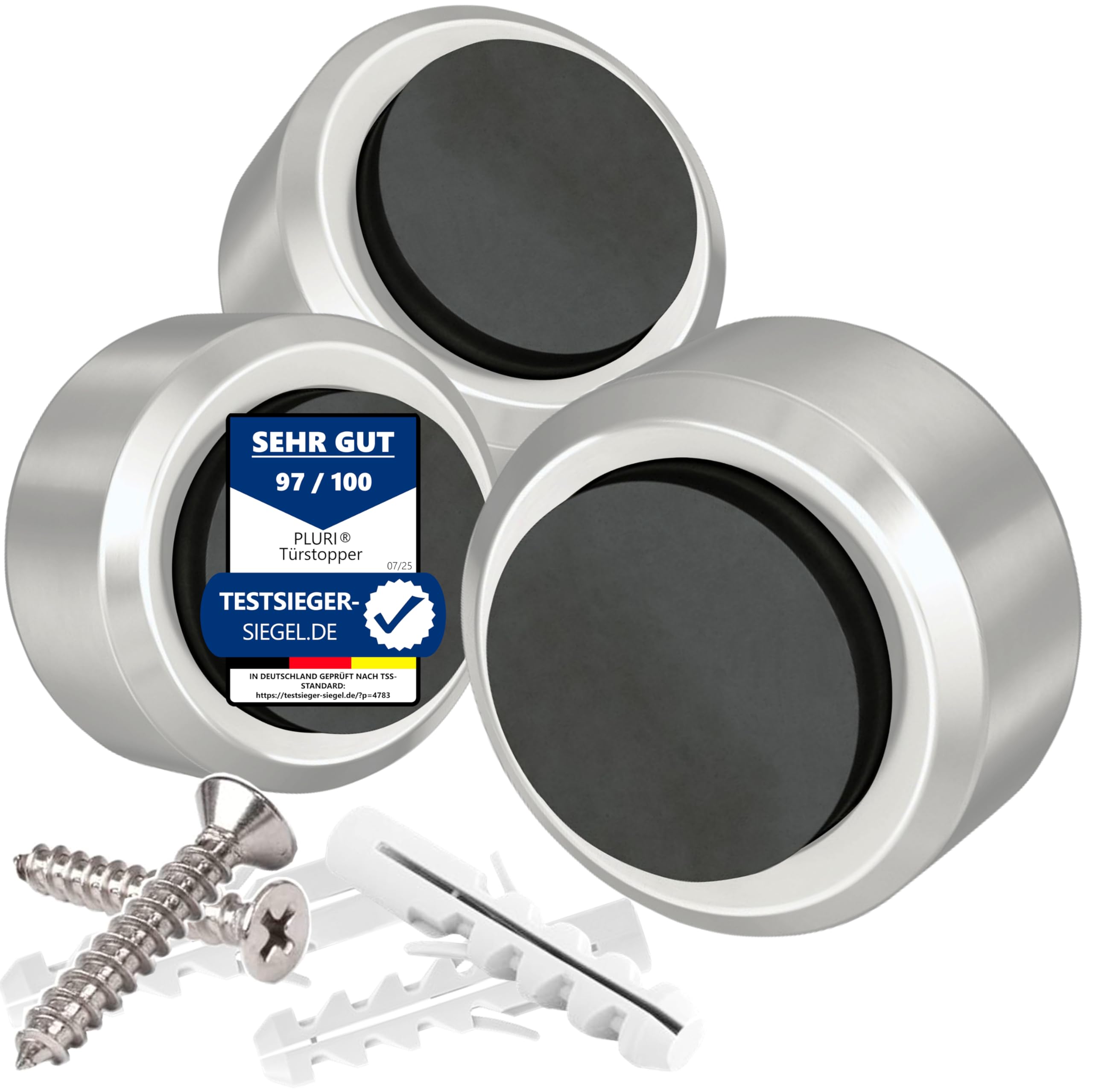 PLURI - Premium Türstopper Wand Edelstahl [3er Set] - GRATIS Befestigungsmaterial, Wandmontage mit Schrauben & Dübeln – Gummi-Puffer schützt Türgriff, Türklinke und Wand