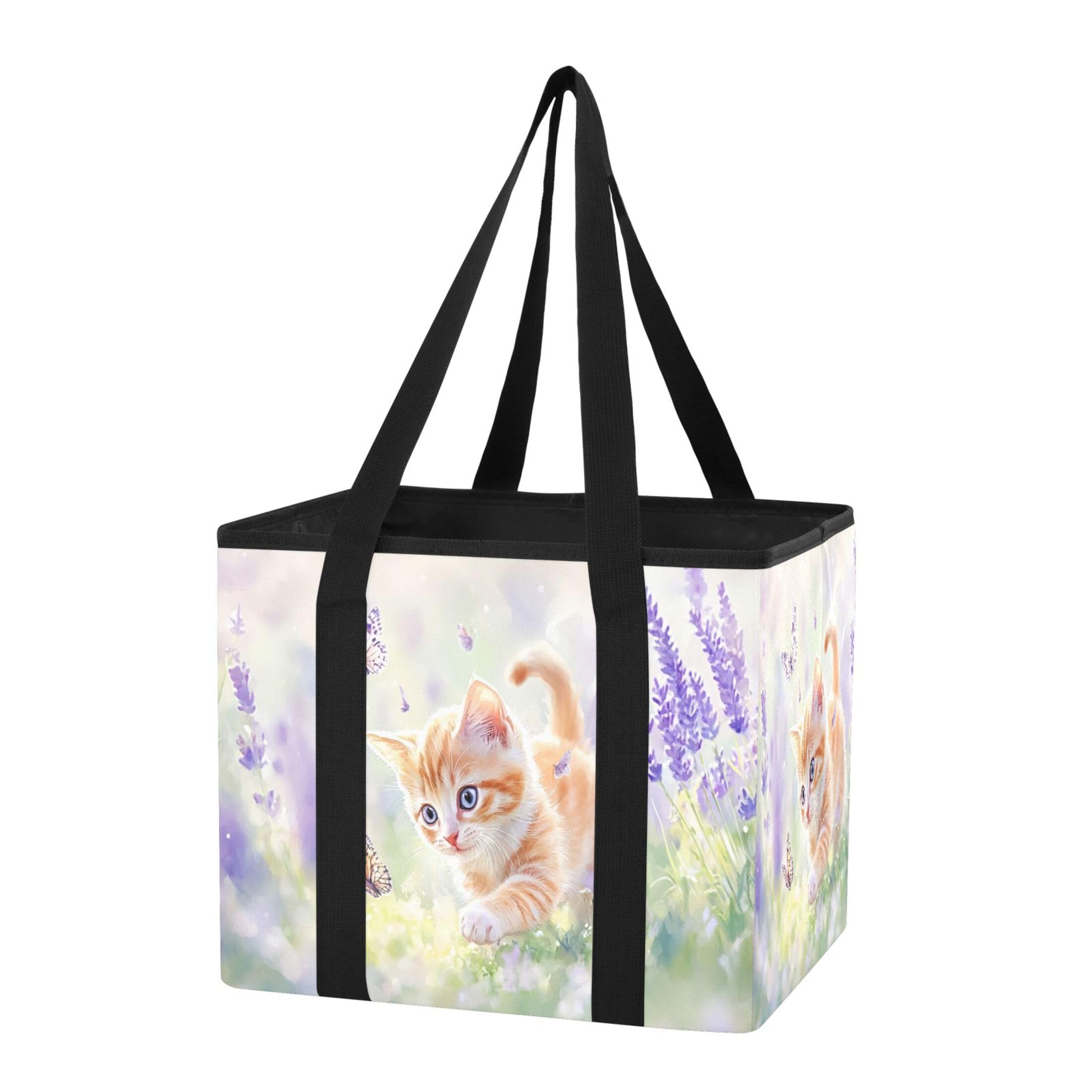 Kutsu Car Trunk Organizer Kitten Chasing Butterflies in Lavender Collapsible Storage Organizers Oxford Car Storage Bin with Reinforced Handles, Non-slip Universal Fit SUV Truck Van, 1 Pack