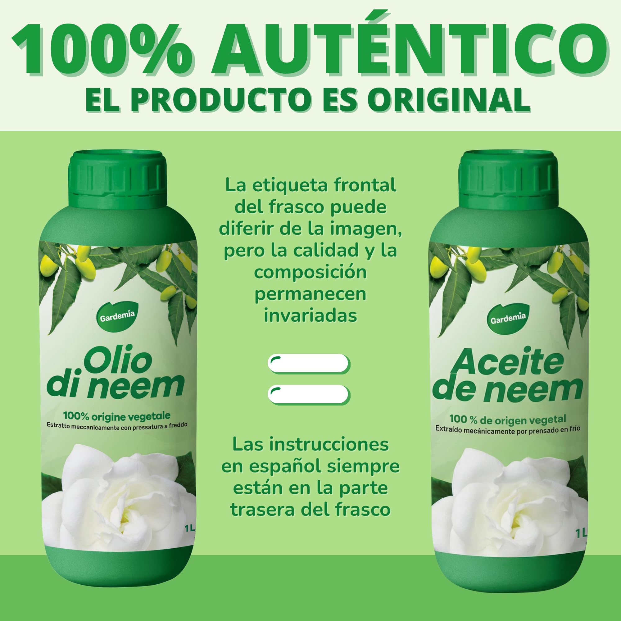 Gardemia Aceite de Neem con Emulsionante 1L miscible en agua 100% de origen vegetal extraído mecánicamente por prensado en frío de los frutos del árbol Neem