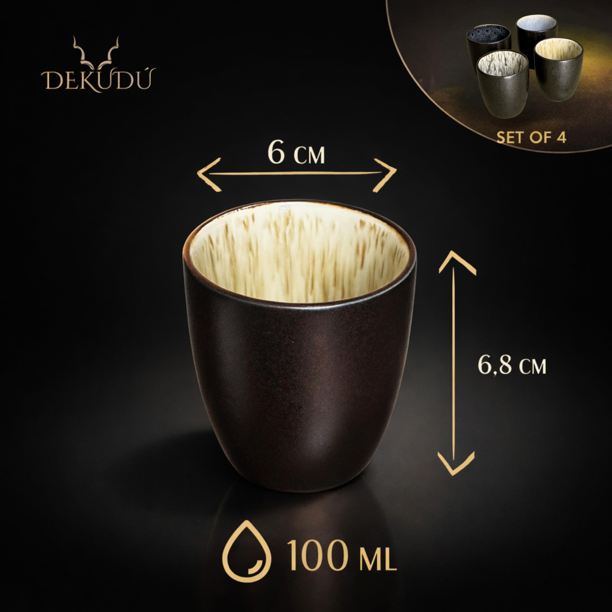 Set Tazzine Caffe Particolari Tazzine da Caffè Nere in Ceramica in Gres di Qualità - Realizzata a mano - 4 pezzi 100 ml - Elevata durezza-Lavabile in lavastoviglie microonde -Stile moderno Nero