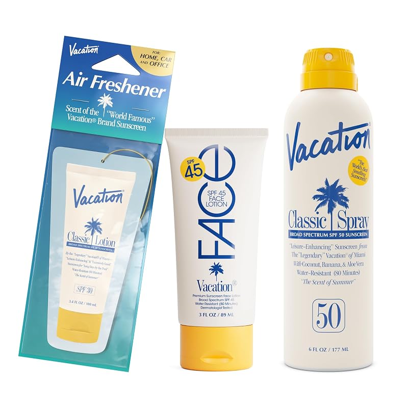 VACATION Conjunto com Loção Facial Classic FPS 45, Spray Corporal Classic FPS 50 e Aromatizador de Ambiente