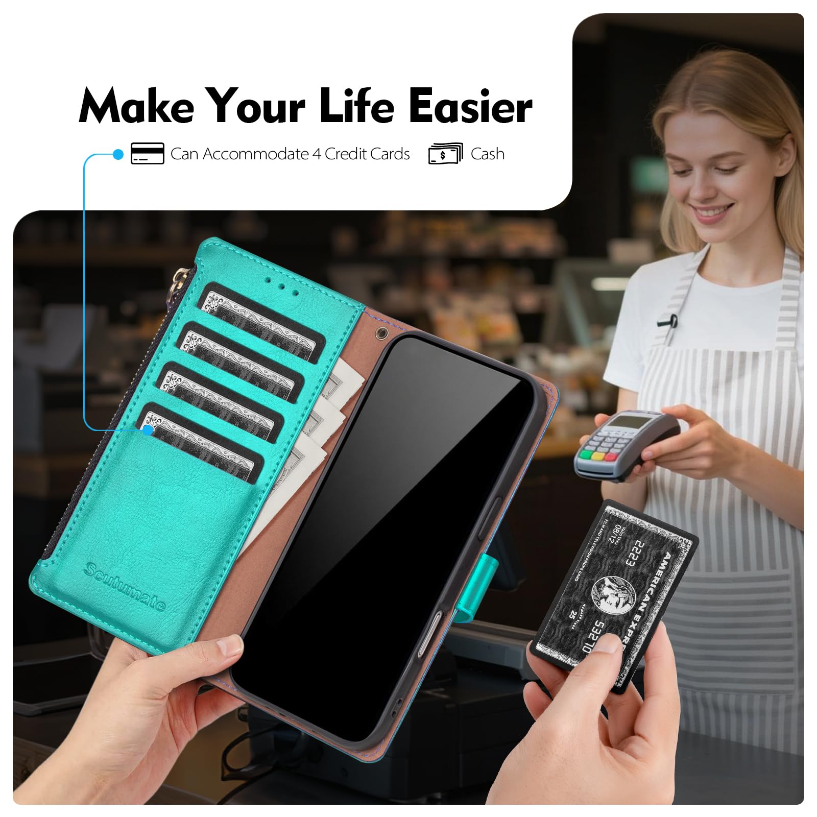 Custodia a portafoglio compatibile con iPhone 13 con porta carte di credito, blocco RFID, cerniera, in pelle PU, con cinturino da polso, slot per carte di credito, uomini e donne, per Apple