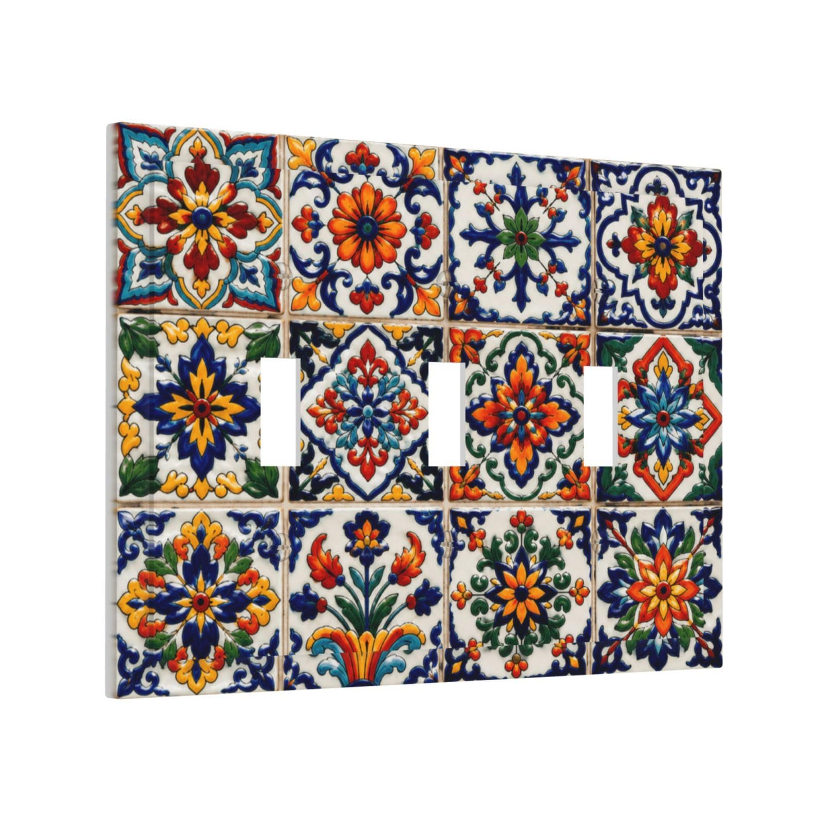 Thsanju Vintage Ceramic Talavera Outlet Covers Triple Toggle Light Switch Covers Decorative Colorful Floral Geometric 3 Gang Wall Plate 3 Hole Electrical Device Switchplate Faceplate For Home Decor