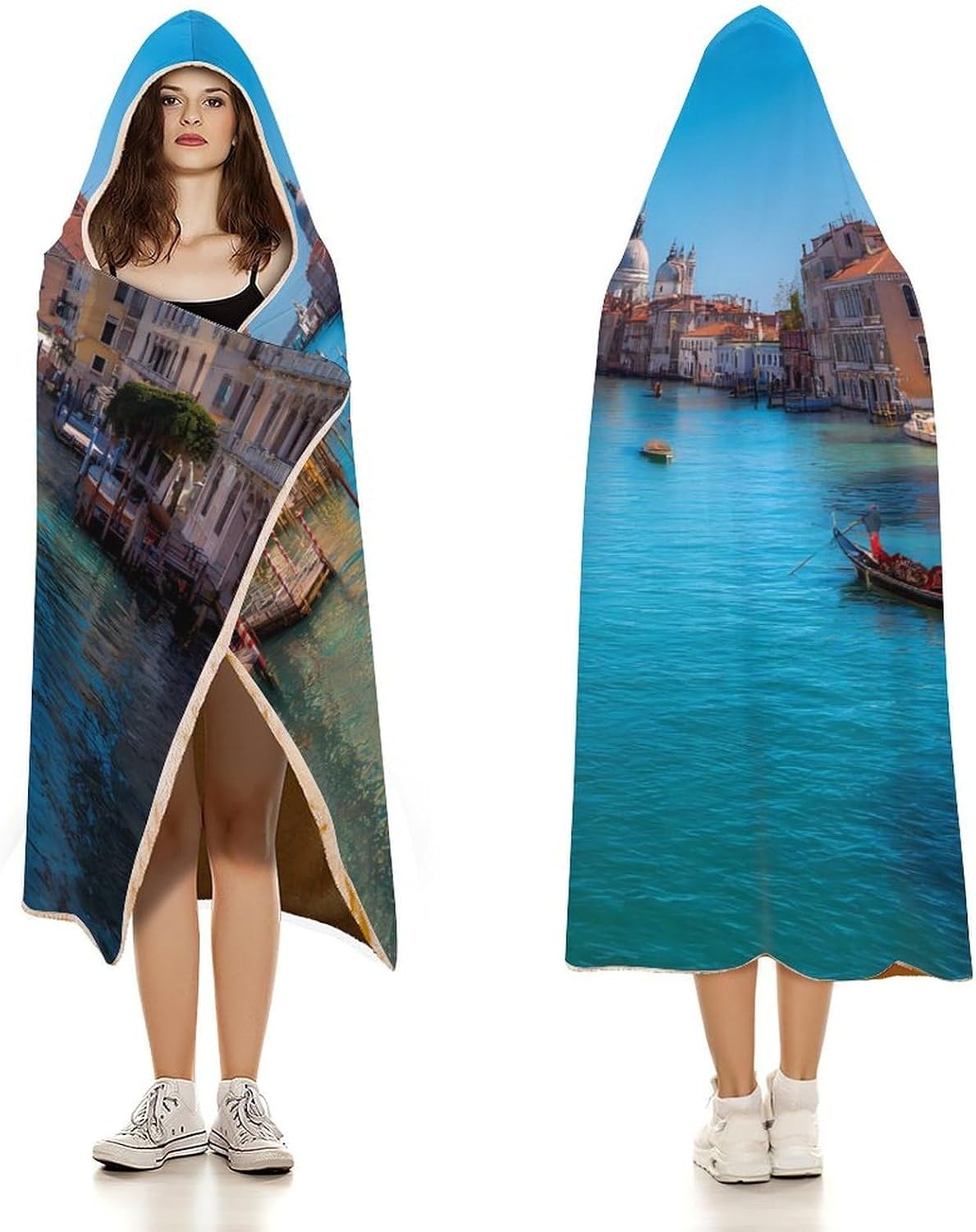 Venice Italy Boats Gondolas Wearable Blanket Oversized Throw Cape | Cozy Hooded Blanket Gifts for Women Men