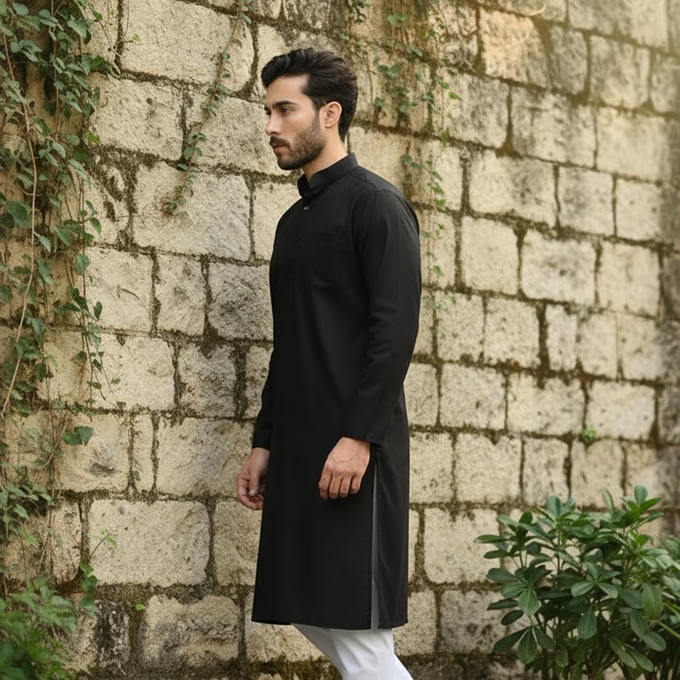 Image of Men's Cotton Blend Blend Knee Length Solid Color Style Stright Long Mandrin Collor Ethnic Casual Wear Kurta Only