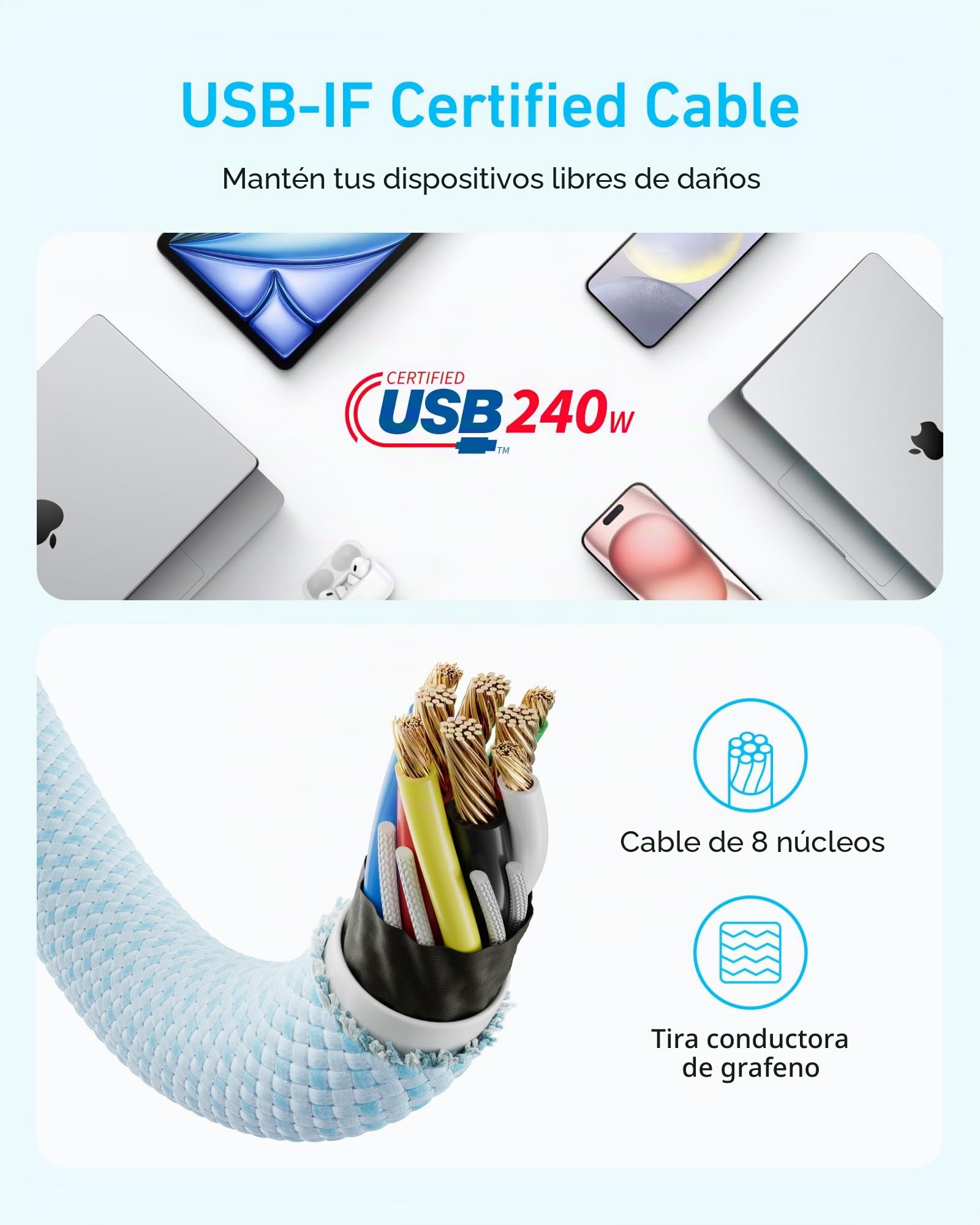 Anker Cable USB C a USB C Zolo, 240W Cable de Carga Rápida Tipo C Trenzado y Anti-Suciedad, Conector Delgado, para iPhone serie 16, MacBook (1,8m, Blanco)