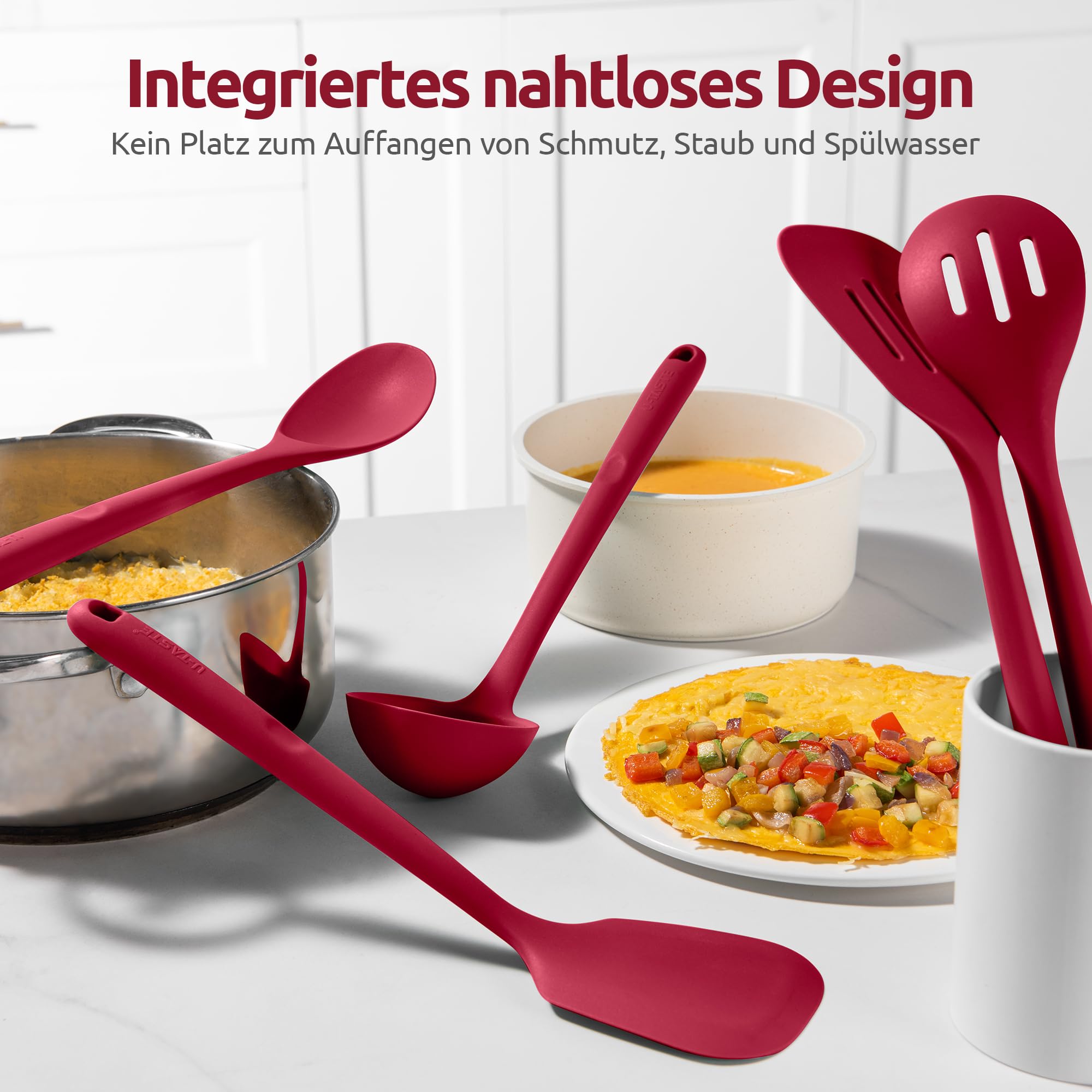 U-Taste 5 Stück Silikon Küchenhelfer, 315℃ hitzebeständiger, Rot | Kochutensilien, antihaftbeschichtetes Pfannenwender Löffel zum Mischen Servieren Braten Rühren