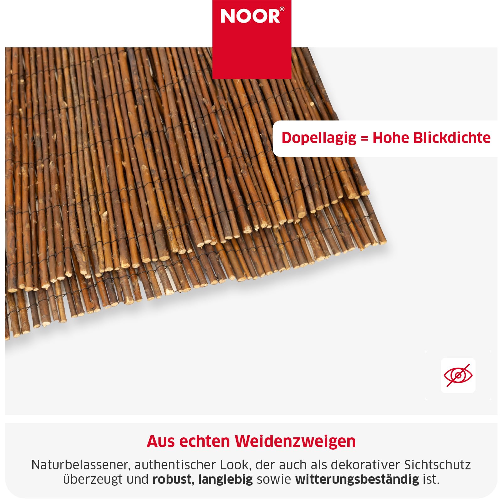 NOOR Weidenmatte DELUXE - Sichtschutzmatte Weidenzaun - Natur 0,9 x 4,5 m | Hochwertiger Sicht- & Windschutz aus Weidenzweigen für Garten, Terrasse & Balkon - robuste Zaunblende mit verzinktem Draht