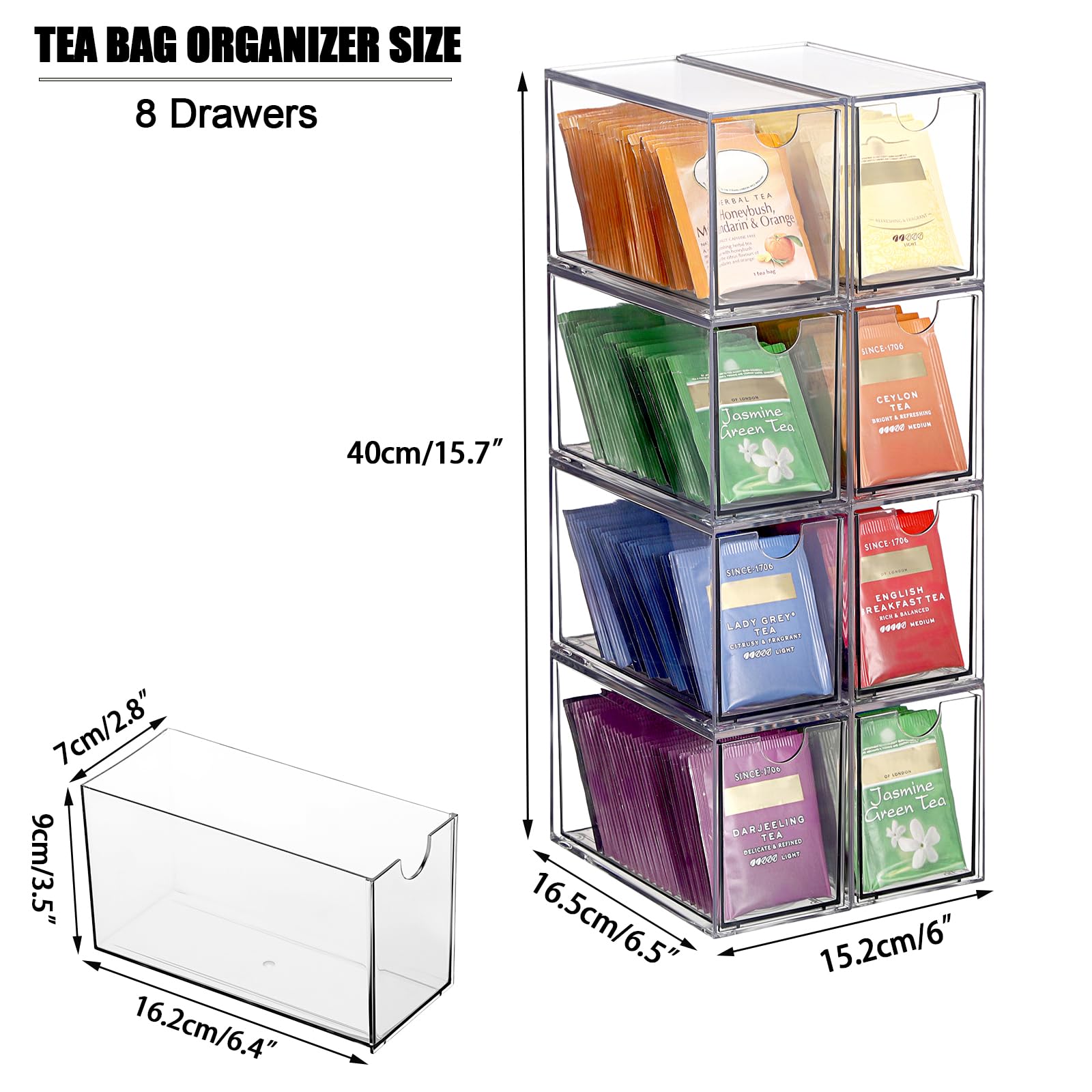 ELLDOO Organiseur de sachets de thé à 8 tiroirs, en acrylique transparent empilable, support de rangement pour sachets de thé de cuisine, garde-manger, rangement pour dosettes de café, collations pour