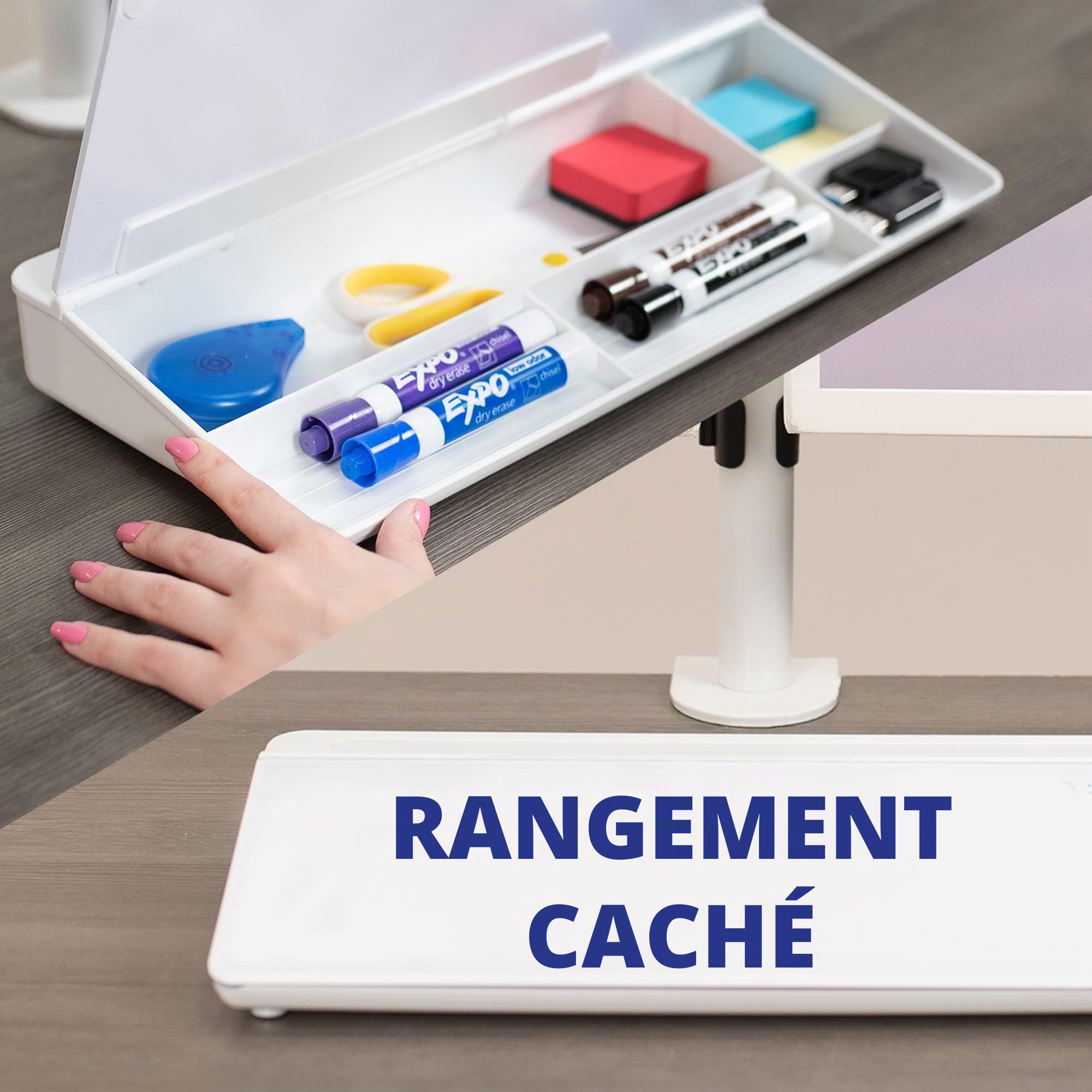 VIVO DESK-WB16A Tableau blanc en verre effaçable à sec avec rangement, compartiments cachés et fente pour appareil, 40,6 x 17,8 cm