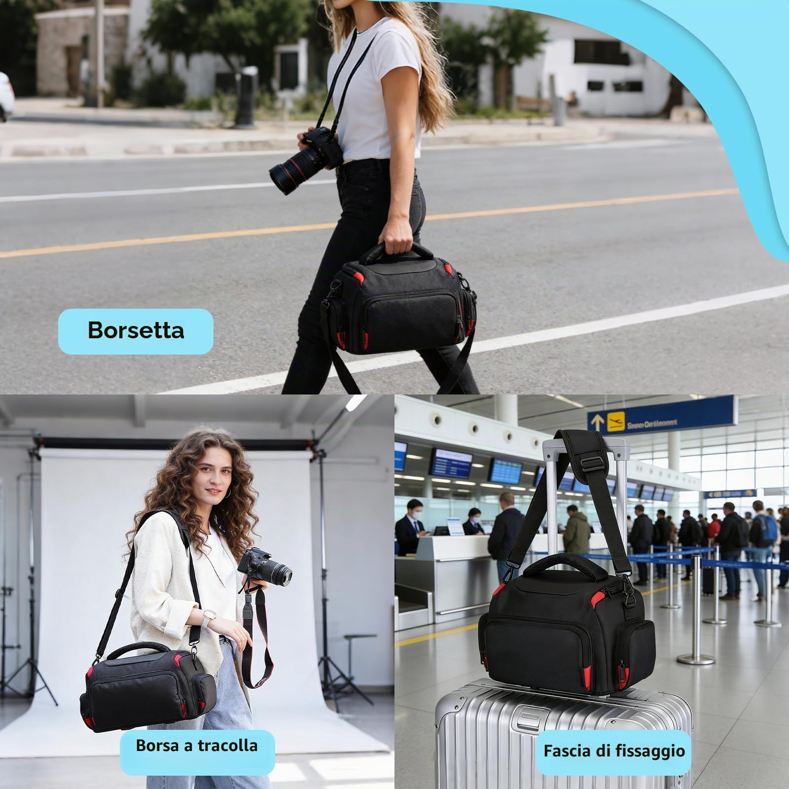 Borsa Fotocamera per Reflex & Mirrorless – impermeabile con copripioggia, divisori regolabili imbottiti, tasche multiple & tracolla – per fotocamera, obiettivi, accessori – viaggio, esterno & quotidia