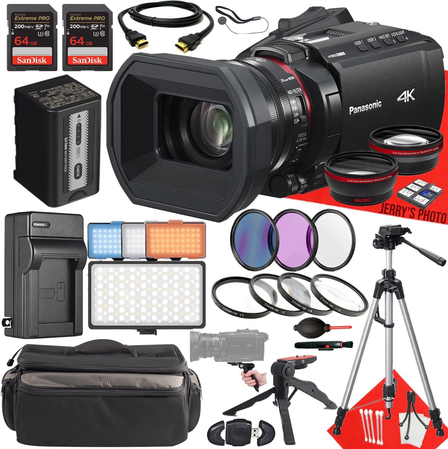 Panasonic HC-X1200 UHD 4K HDMI Camcorder with 24x Zoom + 2PC 64 GB Memory + Extra Battery + LED Light + Filters + Tripod + More (26pc Bundle)
