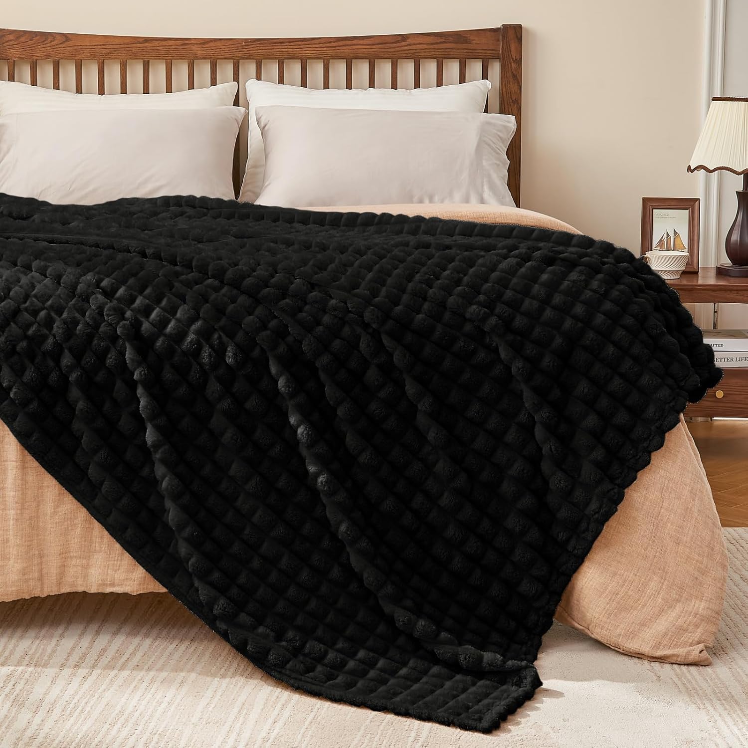 BEDELITE Black Throw Blanket for Couch and Bed- Super Soft and Warm 3D Checkered Fluffy Fuzzy Fleece Blanket, Luxurious Plush Cozy Blanket for Room Decor Fall and Winter, 90x90 inches, Queen Size