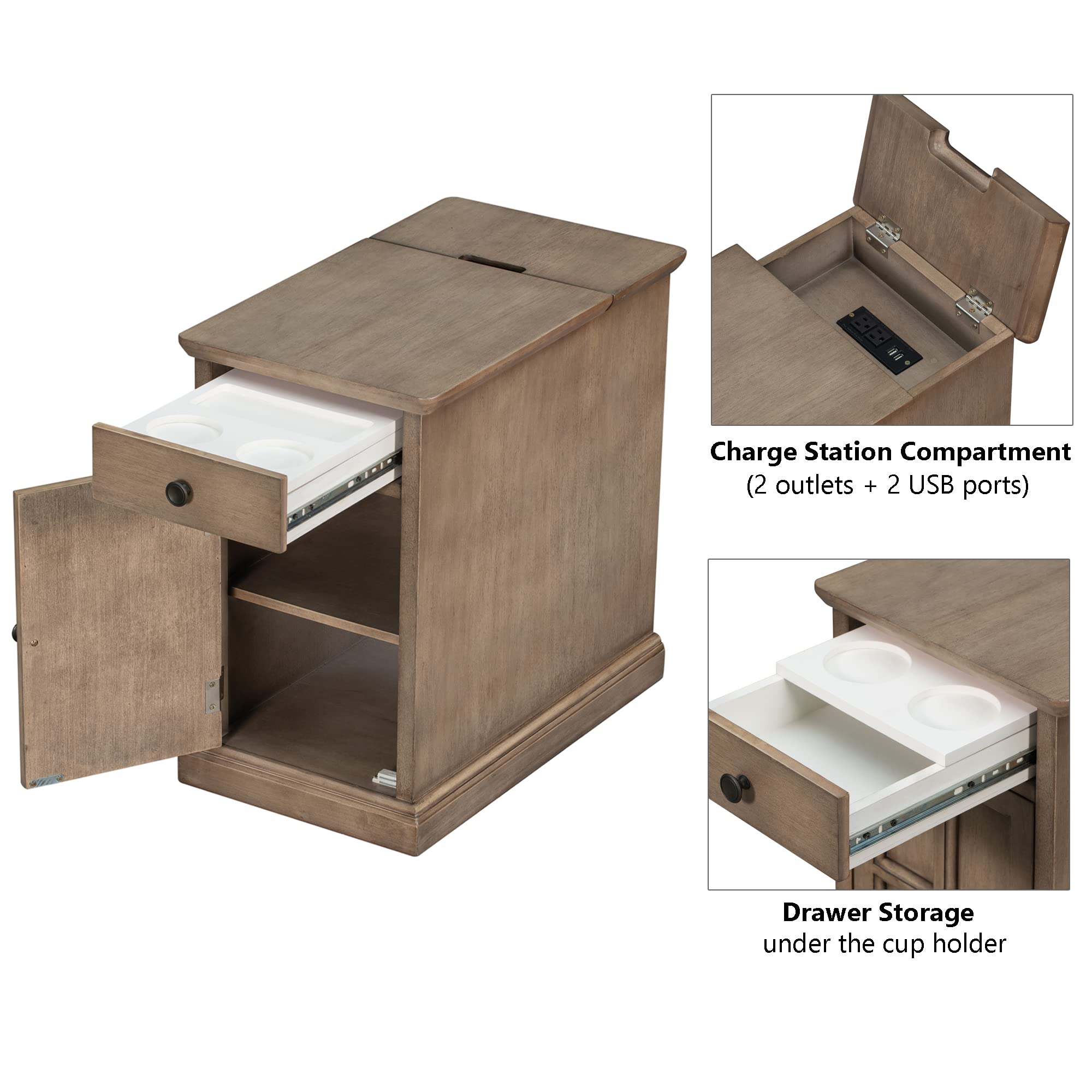 Charging Station Recliner Side Table With Cup Holder Vintage Style