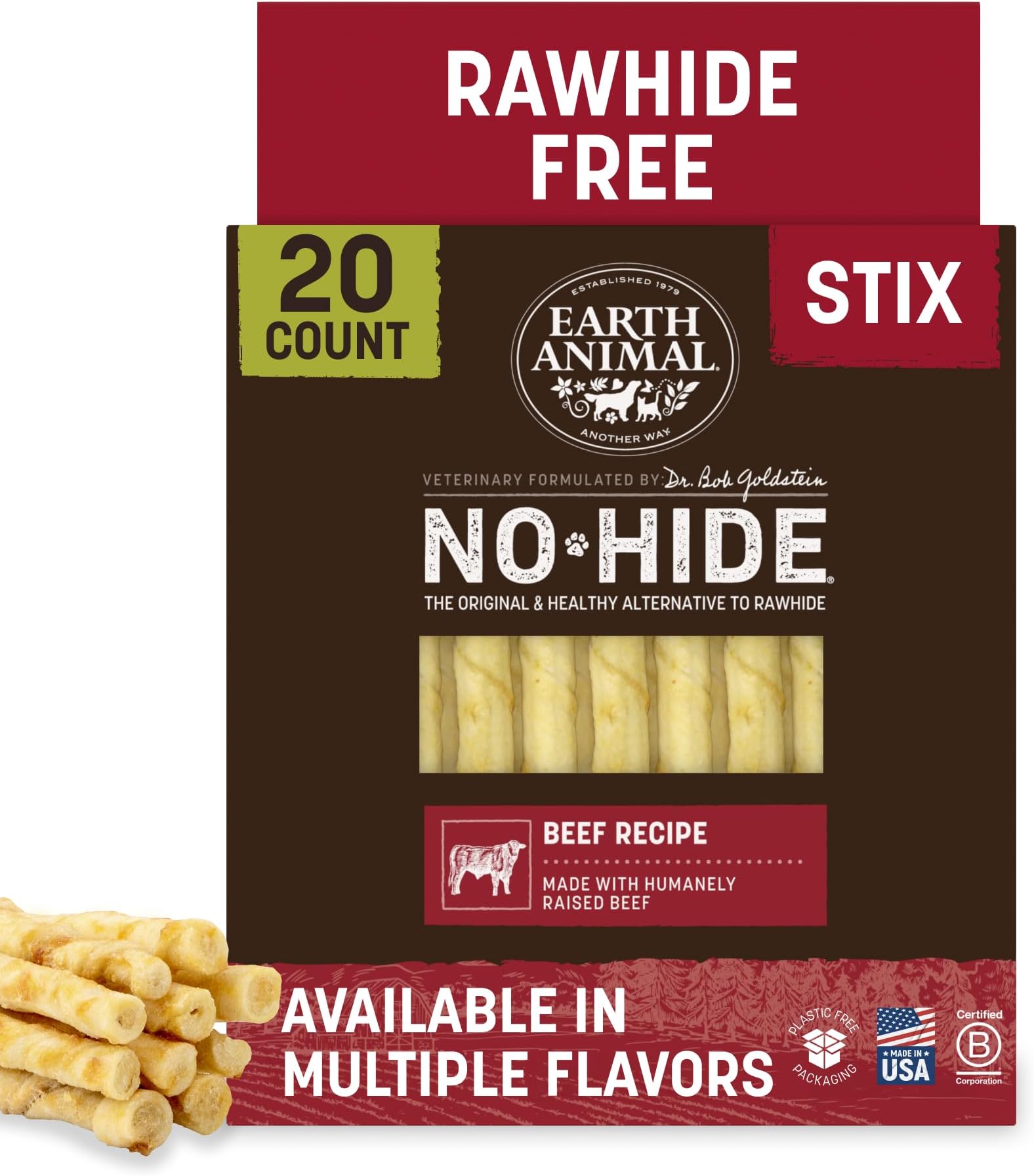 Earth Animal No Hide Stix - Rawhide Free Dog Chews Sticks 20 Count Beef