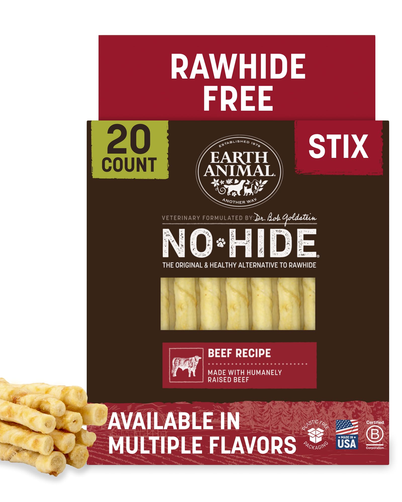 Earth Animal No Hide Stix - Rawhide Free Dog Chews Sticks 20 Count Beef