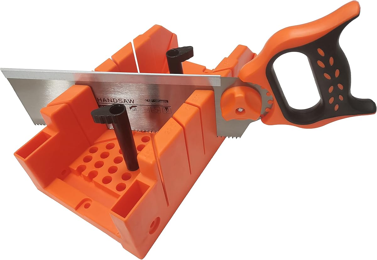 Caja de ingletes de 12" con sierra incluida, sierra trasera de acero reforzado para un corte preciso, cortes preestablecidos 90 45 22,5 y 0 grados, capacidad de corte de 4-1/2" x 3" (ancho x alto)