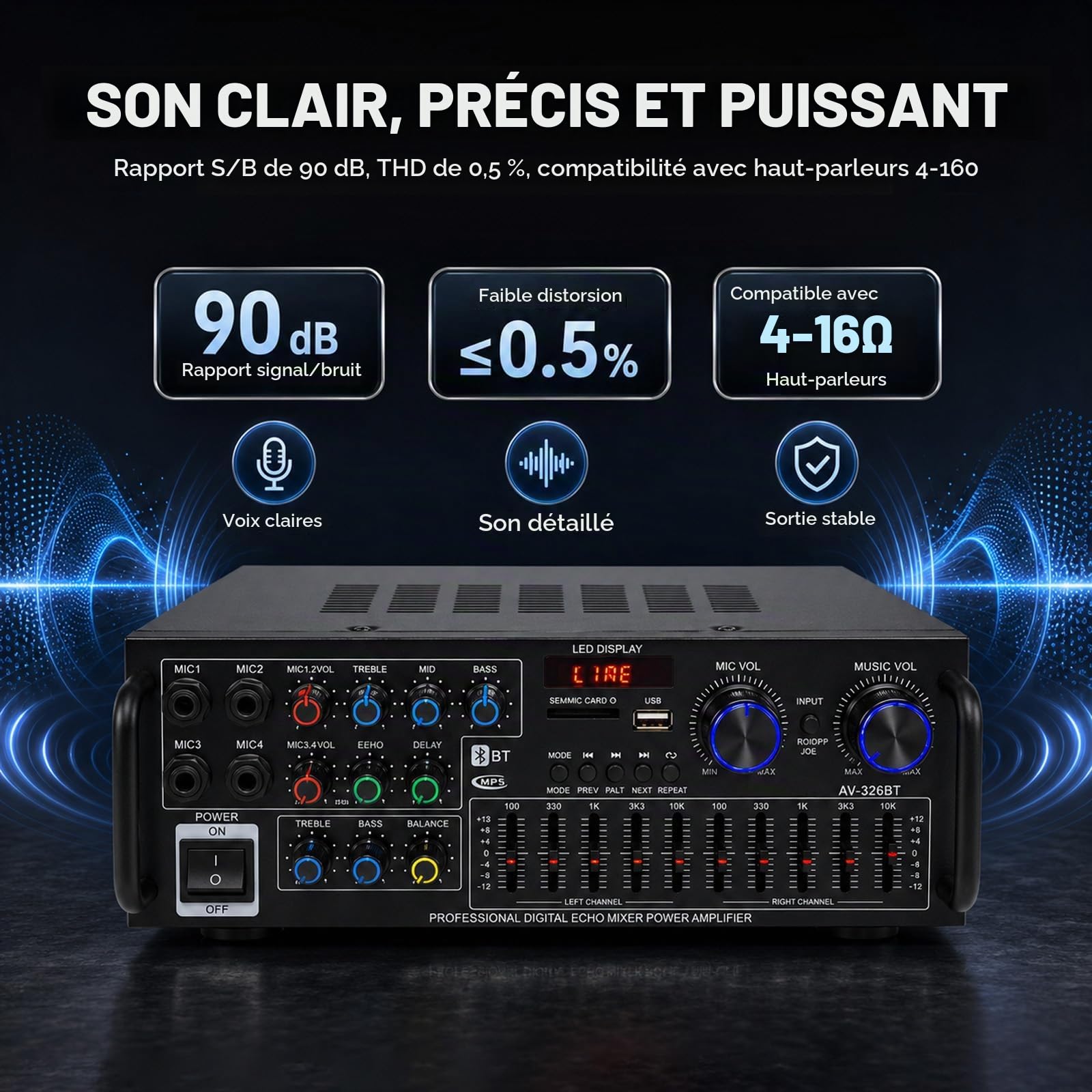 Amplificateur stéréo HiFi 2000 W, caisson de basses home cinéma avec récepteur audio Bluetooth 5.4, FM, USB, SD, AUX, karaoké, égaliseur 10 bandes, 4 entrées microphones, sortie ligne, 12 V CC pour