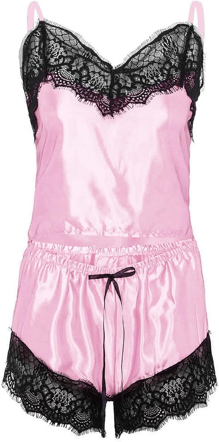 LARGE Womens Sexy Silk Satin Pajamas Sets Soft Lace Sleepwear Comfy Nightwear Cami Shorts Sleepwear Pjs Set for Women 2024