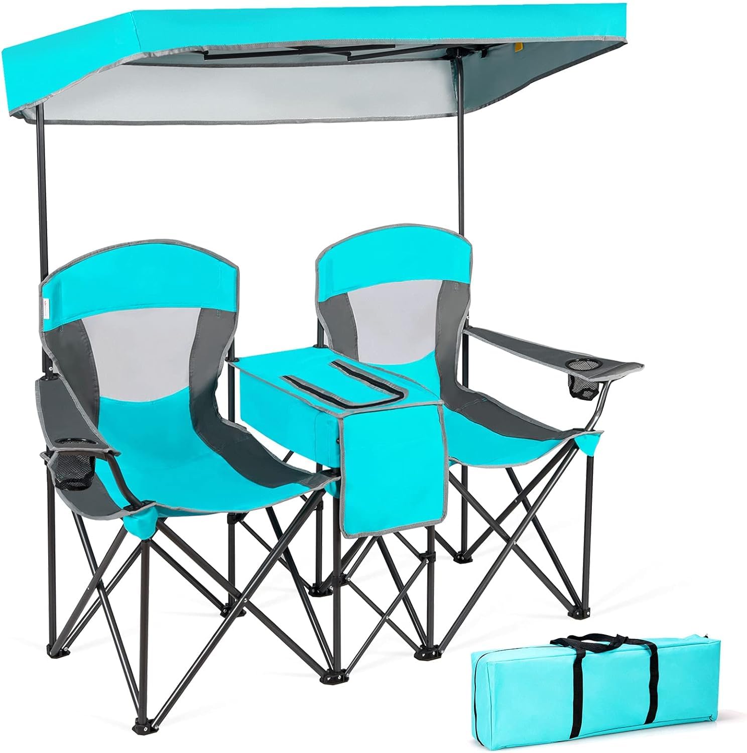 GIANTEX Silla de Camping con Toldo para 2 Partes, Plegable, con Minimesa, Bolsa Nevera y Soporte para Bebidas, Silla Plegable para 2 Personas, Silla de Pesca en Bolsa (Turquesa)