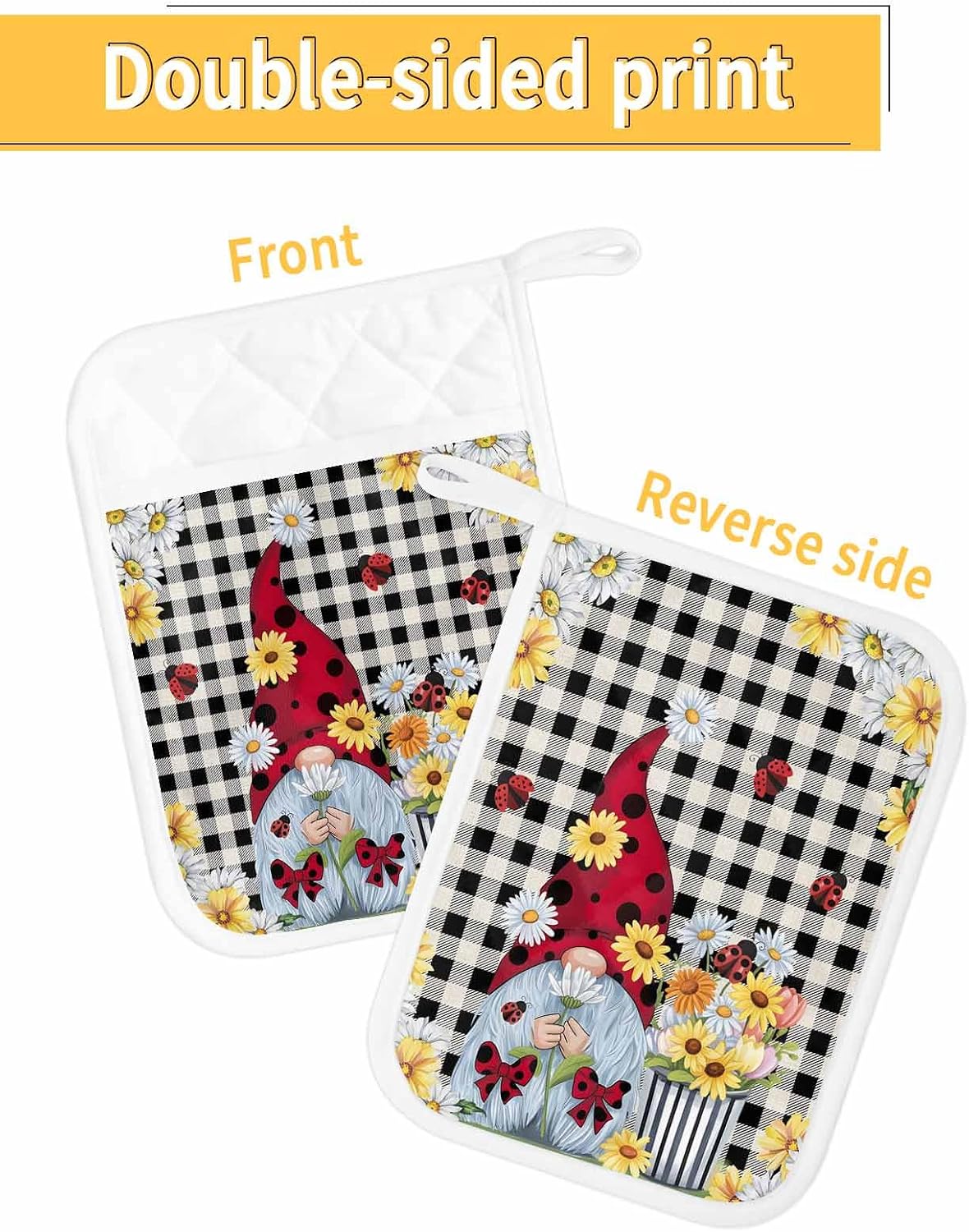 5 Pack Pot Holder with Pocket, Pastoral Gnomes Wildflowers Kitchen Potholders Heat Proof Non Slip Pot Holders Sets, Classic Black Buffalo Plaid Hot Pads Potholder for Cooking Baking BBQ