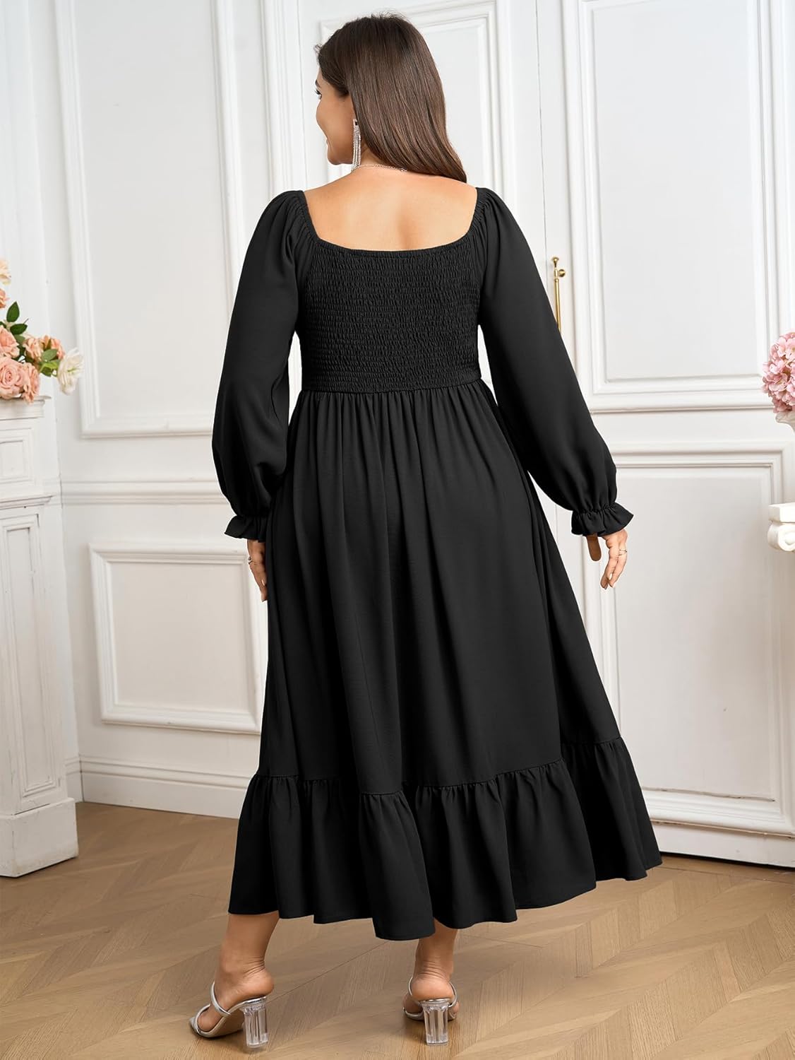 SCOMCHIC Womens Plus Size Wedding Guest Cocktail Dress Sweetheart Neckline Long Sleeve Smocked Ruffle Slit Maxi Dresses - Image 6