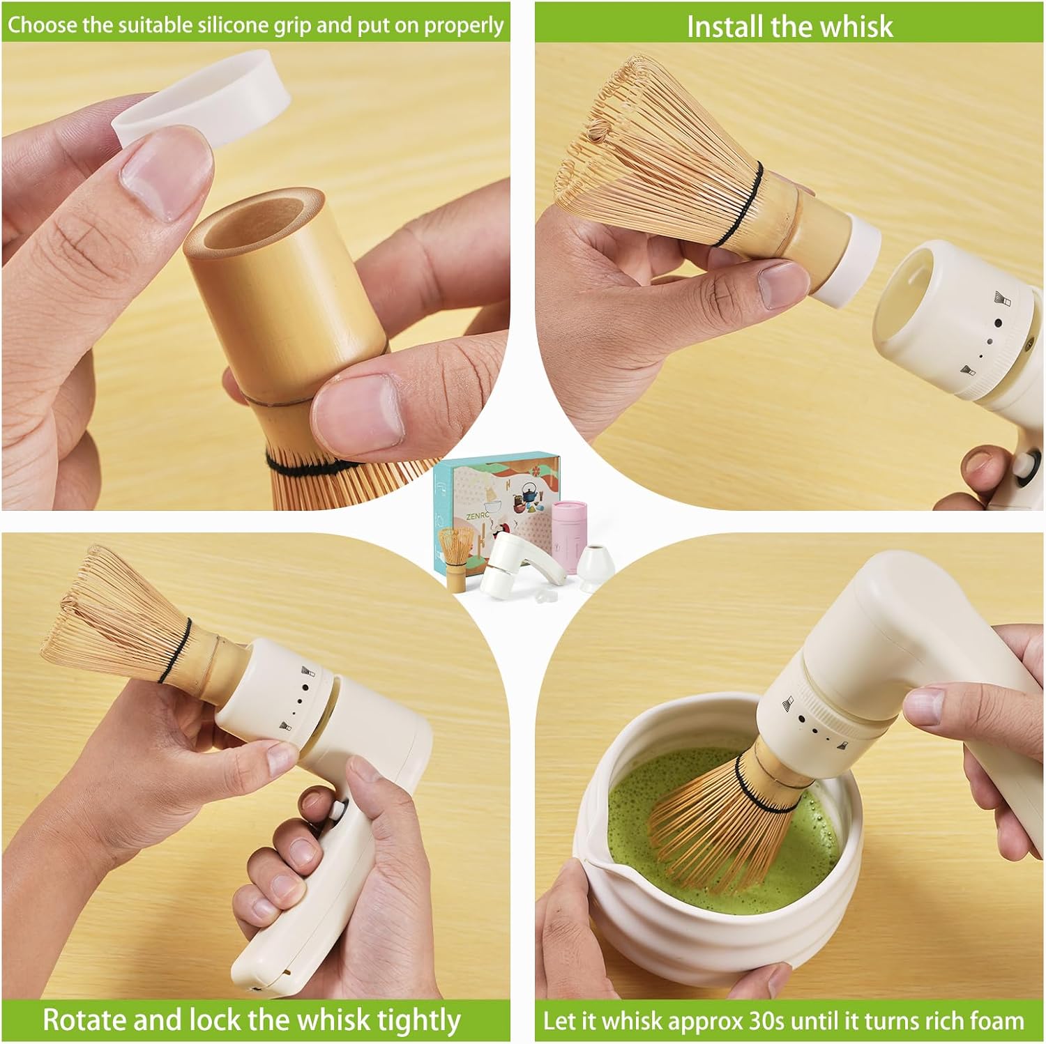 Handheld Bamboo Matcha Electric Whisk Mate Automated Ceremony Chasen - Powered Mocha Whip - Nice Portable Maccha Set Gift Kit (Battery not included, White, set 2)
