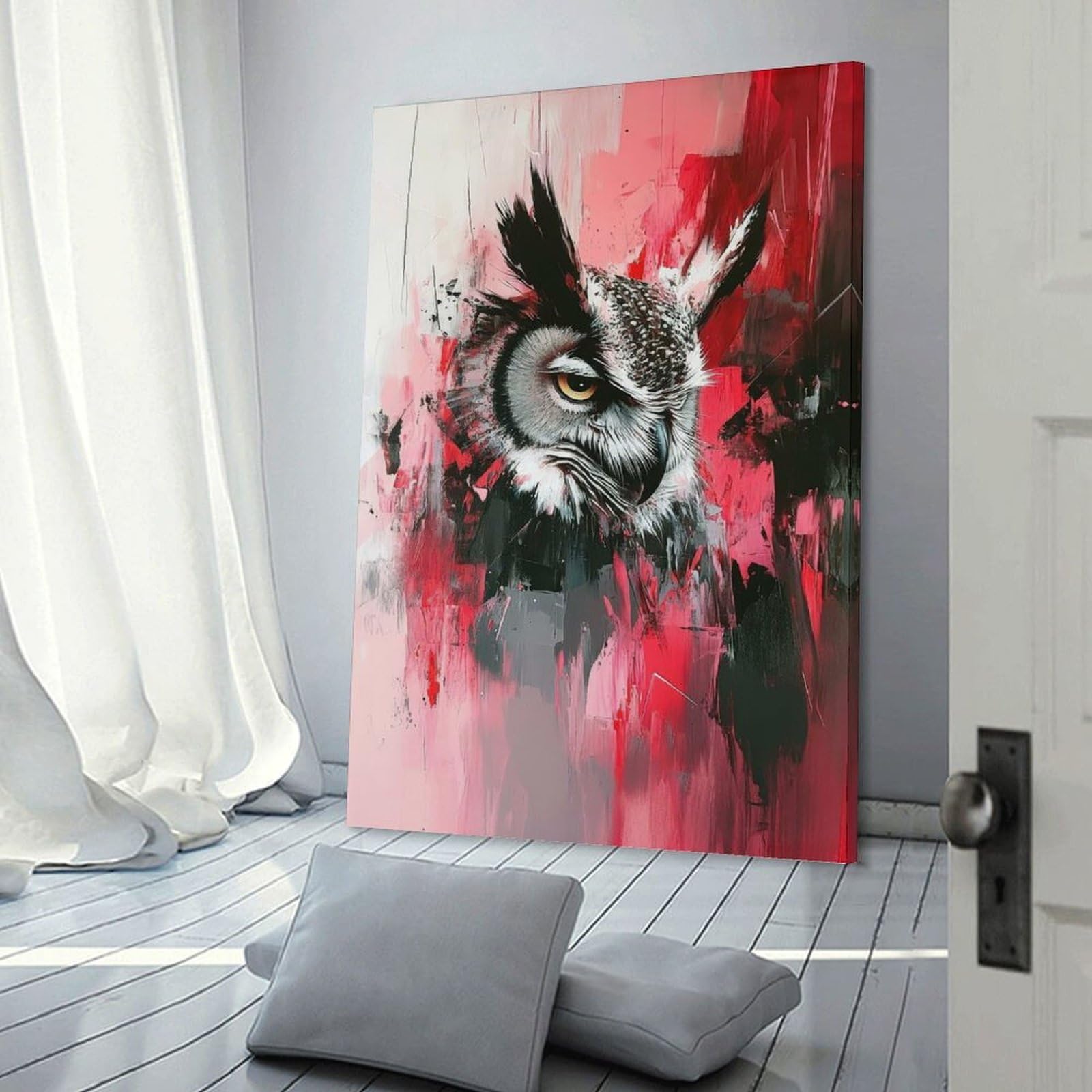 Junmoney Frame-Style-13-1 Owl Painting With Red Accents Canvas Wall Decor, 12X18inch(30X45cm), For Gallery Wall Decor And Room Displays, Wall Decor Suited To Curated Displays