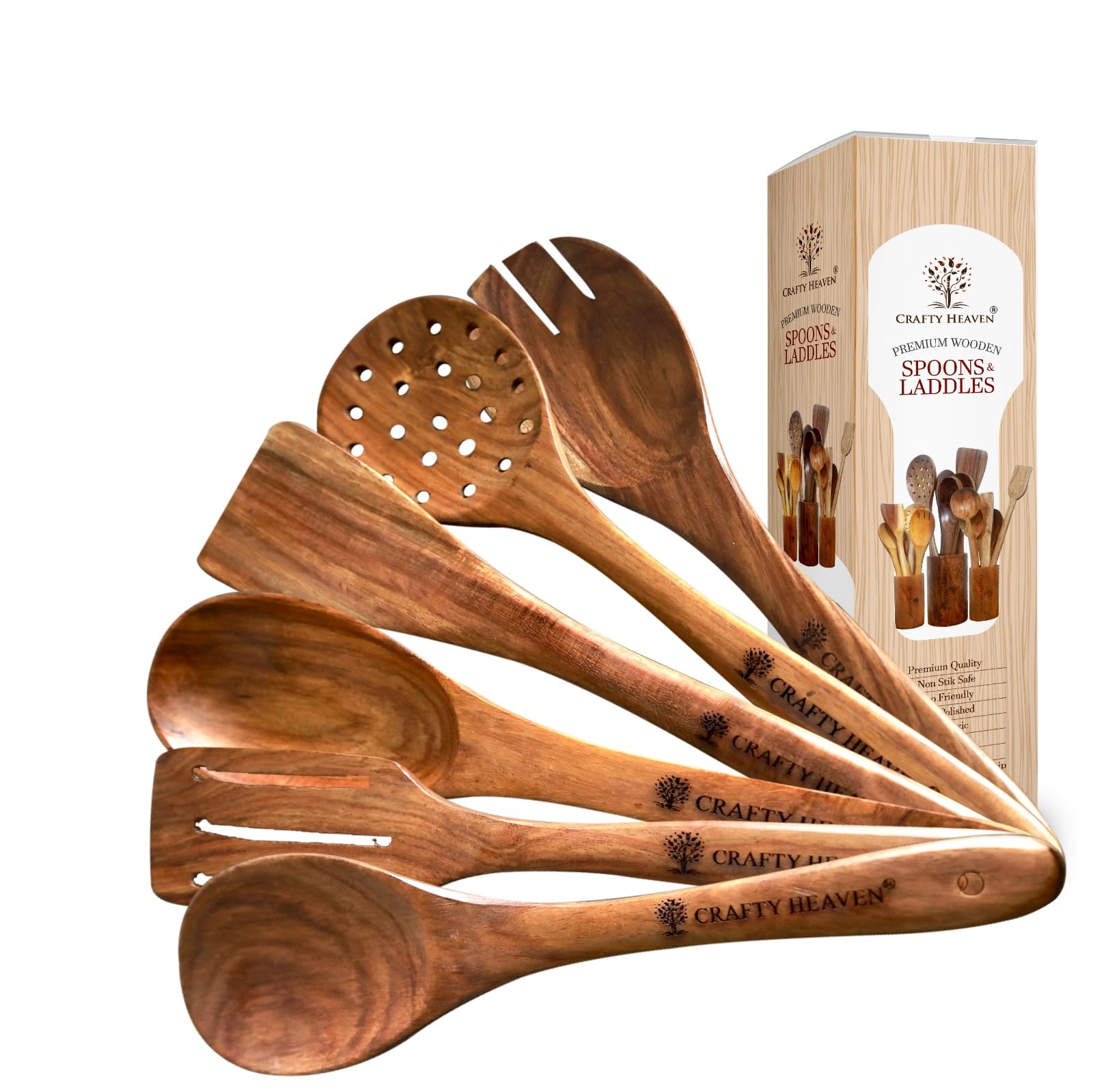 Crafty Heaven Wooden Spatualas & Ladles Set of 6 | Sheesham Wood Utensils for Cooking | Non-Stick Cookware Safe | Wooden