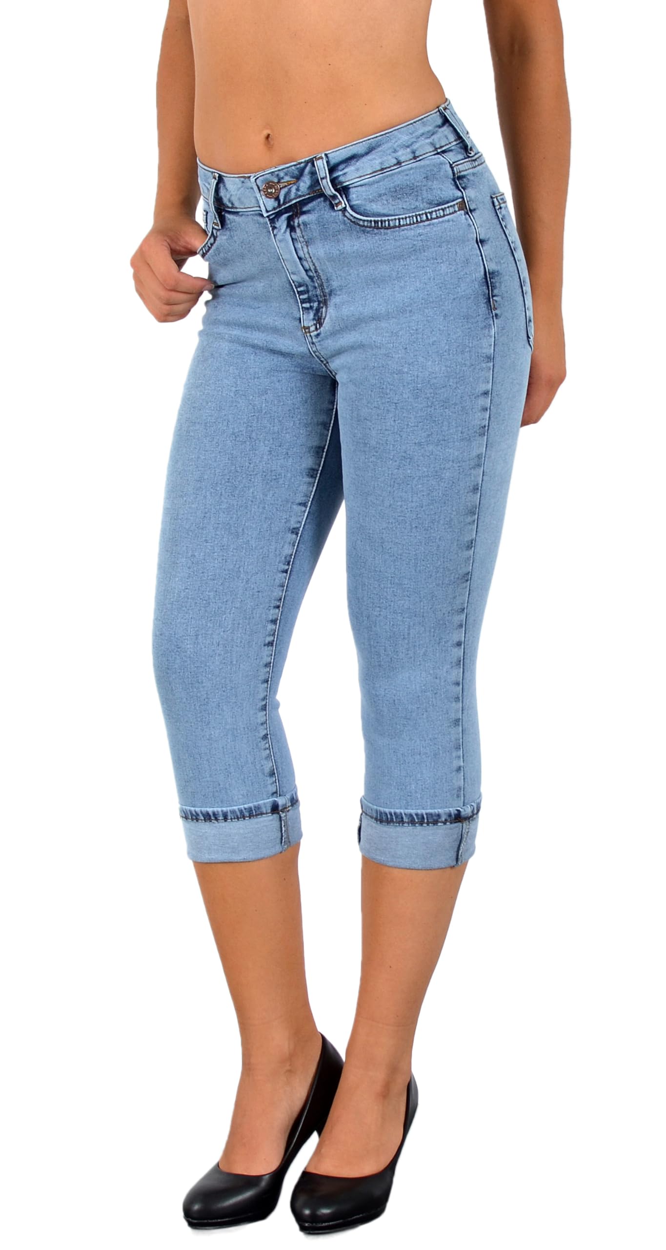 ESRA Damen Capri Jeans Hose Damen Caprihose 3/4 Jeans-Hose kurz bis Übergröße C15