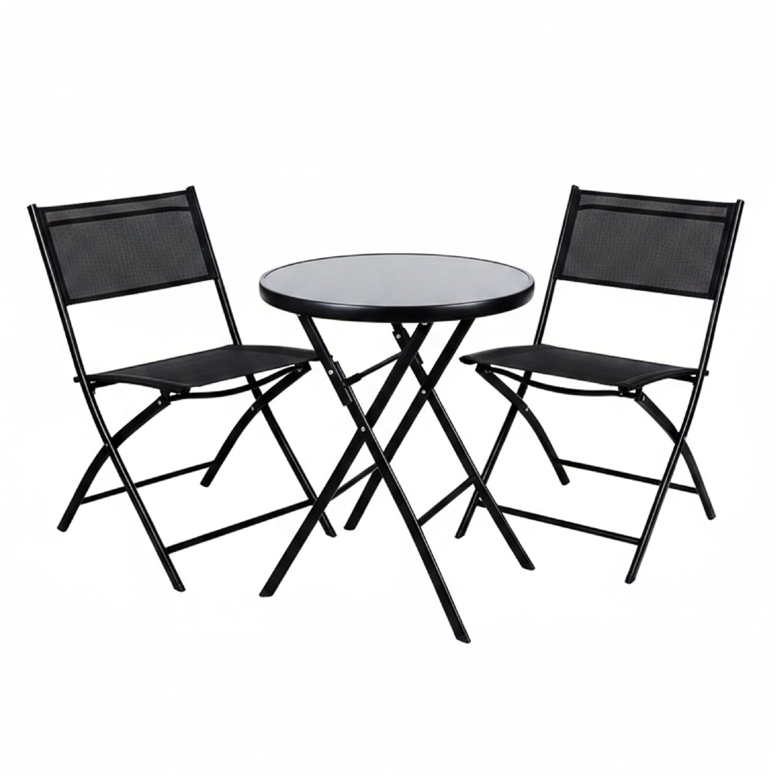 Baroni Home Set Giardino Pieghevole 3 Pezzi con 2 Sedie e Tavolo Rotondo in Vetro Temperato Ø60 cm, Set da Balcone e Terrazzo, Sedute Impermeabili (Nero)