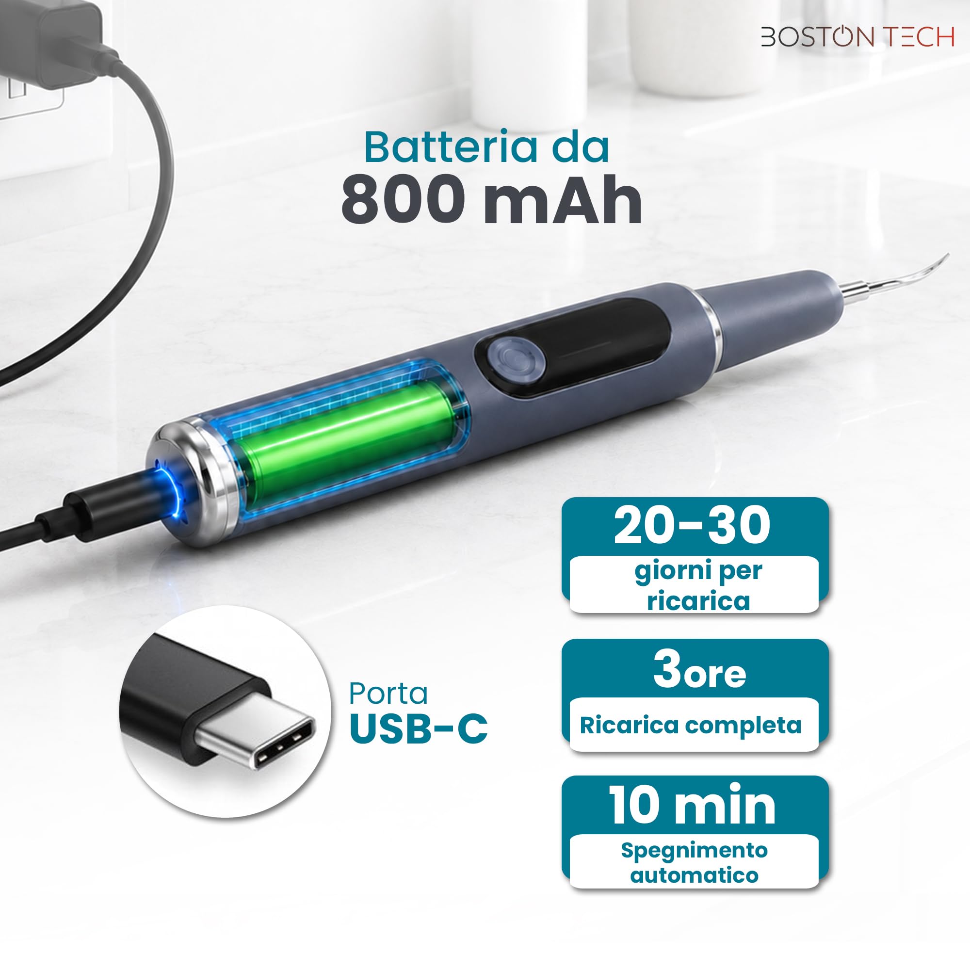 Boston Tech DENTRA Ablatore Tartaro Ultrasuoni, Pulitore Denti Elettrico per Rimuovere Placca e Tartaro, Kit Pulizia Denti con 5 modalità, Ricarica Type-C e Spegnimento Automatico 10 Minuti
