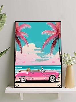 Postermanya Pink Paradise, Tropikal Pembe Araba Dijital Sanat Deniz Manzaral   er eveli Tablo -  er eveli Poster