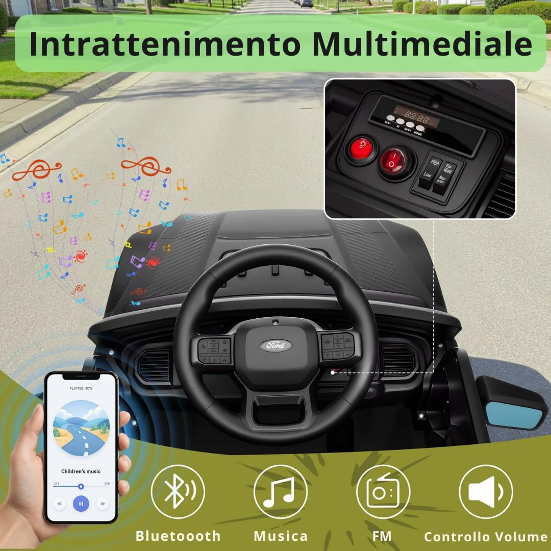 Ford F150 Raptor 12V Auto Elettrica per Bambini con Telecomando, Luci LED, Bluetooth, Cintura di Sicurezza, Carico 30 kg (Nero)