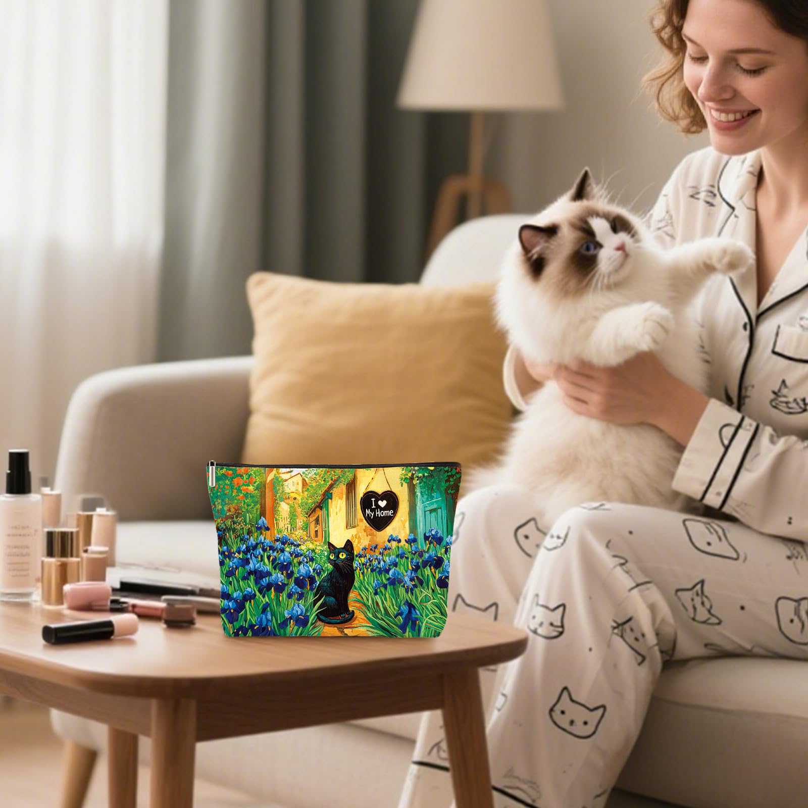 Joybble Makeup Bag, Cat Make up Bags for Women Girls Cat Gifts for Women Small Flat Lay Makeup Bag - Image 2