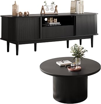 MAISONARIA Living Room Table Sets of 2, Fluted Coffee Table & Dresser TV Stand, Coffee Table with Storage, Sliding Doors TV Stand for Living Room Black