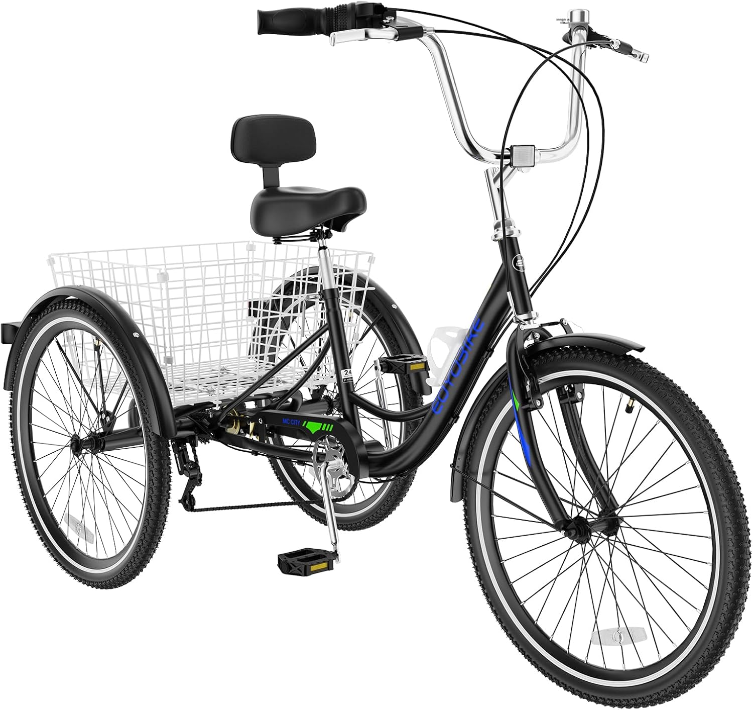 Adult Tricycle 3-Wheel Cruiser Bike, Cruiser Handlebar, Low Step-Through, Adjustable Handlebar & Seat, Large Rear Basket, Double-Wall Rims, 24/26 in Wheels for Seniors