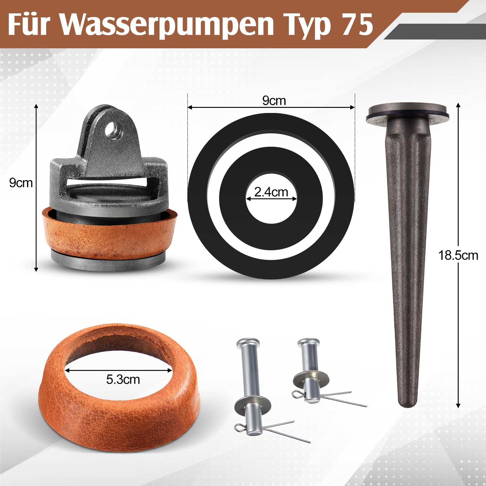 Sinmoe Ersatzkolben für Schwengelpumpen Typ 75 mit Nasenstechventil Bolzen Satz Ledermanschette Dichtungsring Kolben Komplett Wasserpumpen Ersatzteile Pumpendichtung Handpumpen Gartenpumpe(Grau)